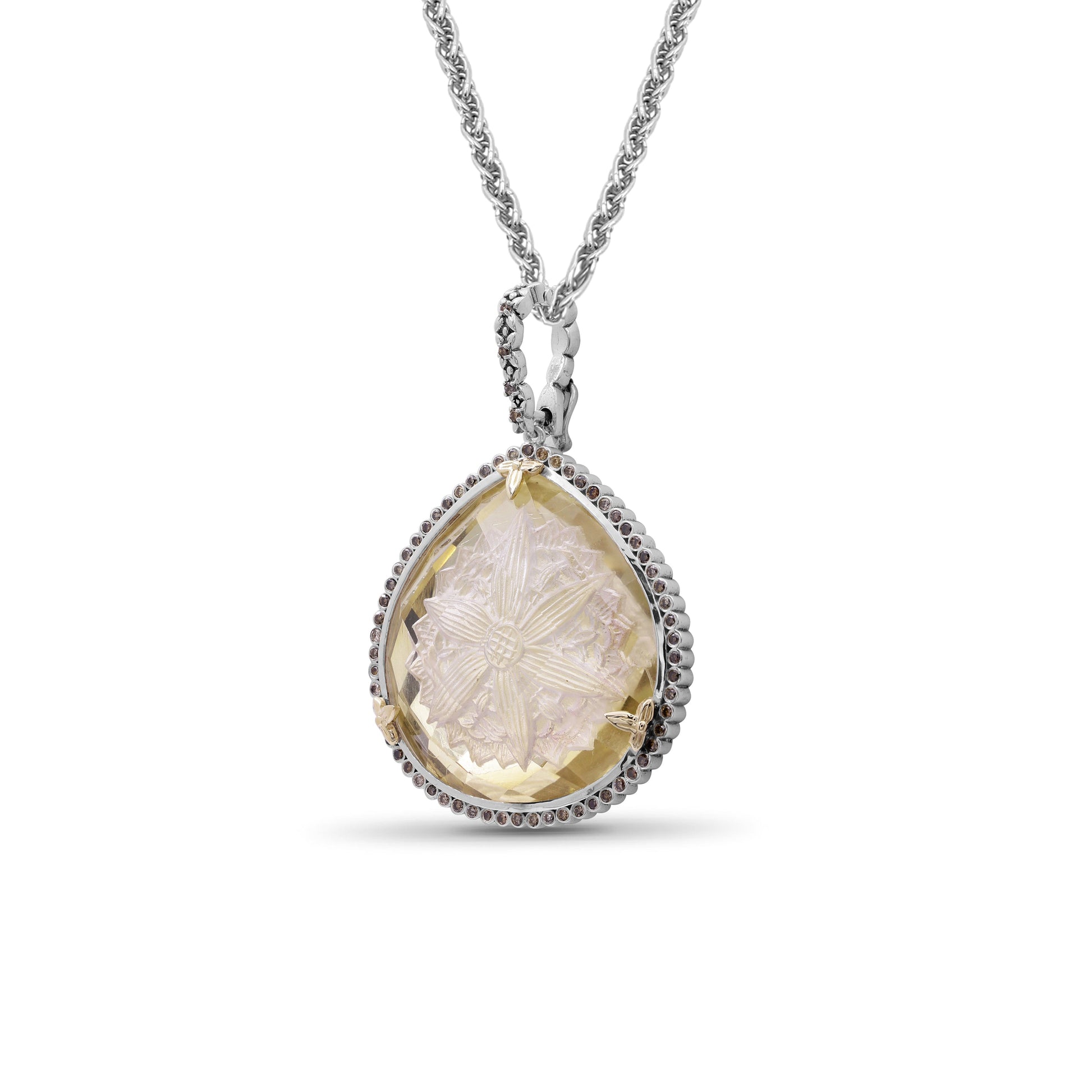 carventurous-internally-carved-natural-quartz-gold-lining-with-champagne-diamonds-necklace-in-sterling-silver-with-18k-gold-flowers