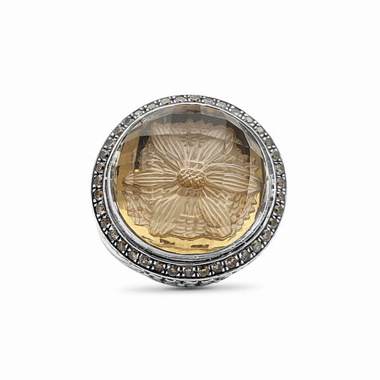 garden-of-stephen-internally-carved-smoky-quartz-and-champagne-diamond-0-55ct-ring-in-sterling-silver