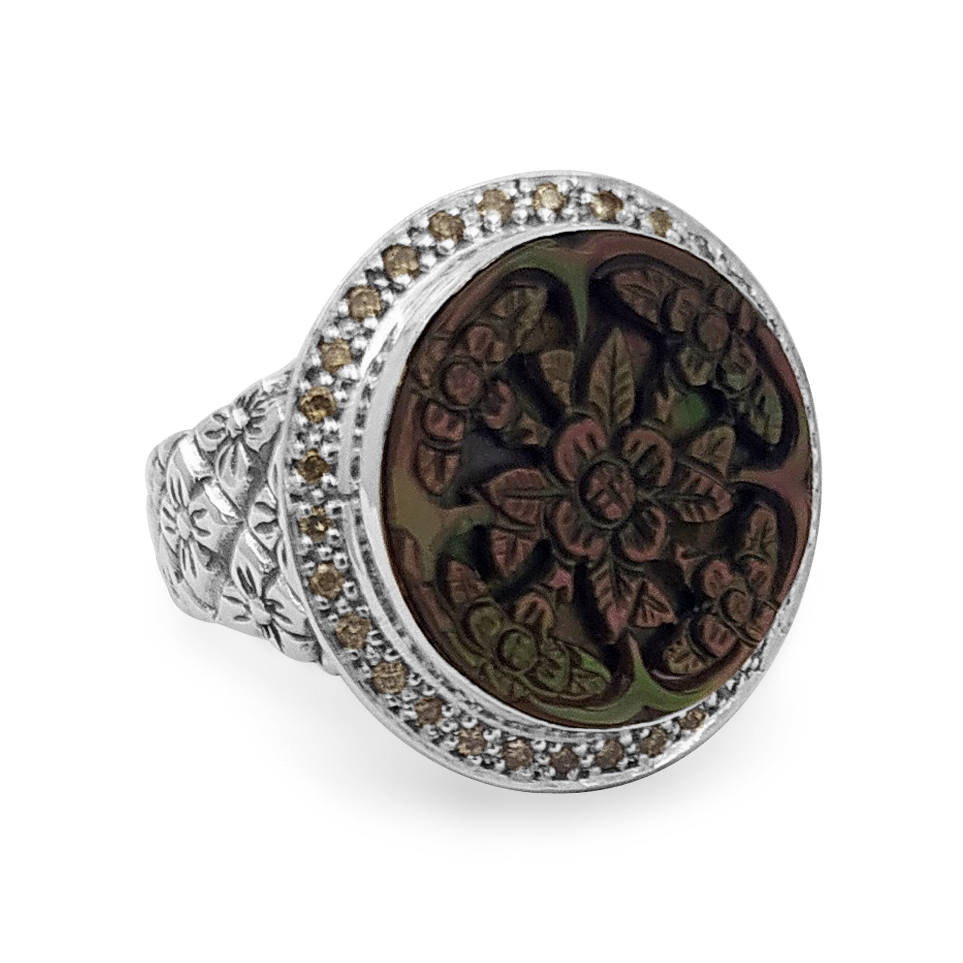 legacy-hand-carved-tahitian-mother-of-pearl-cameo-ring-with-0-30ct-champagne-diamonds-in-sterling-silver