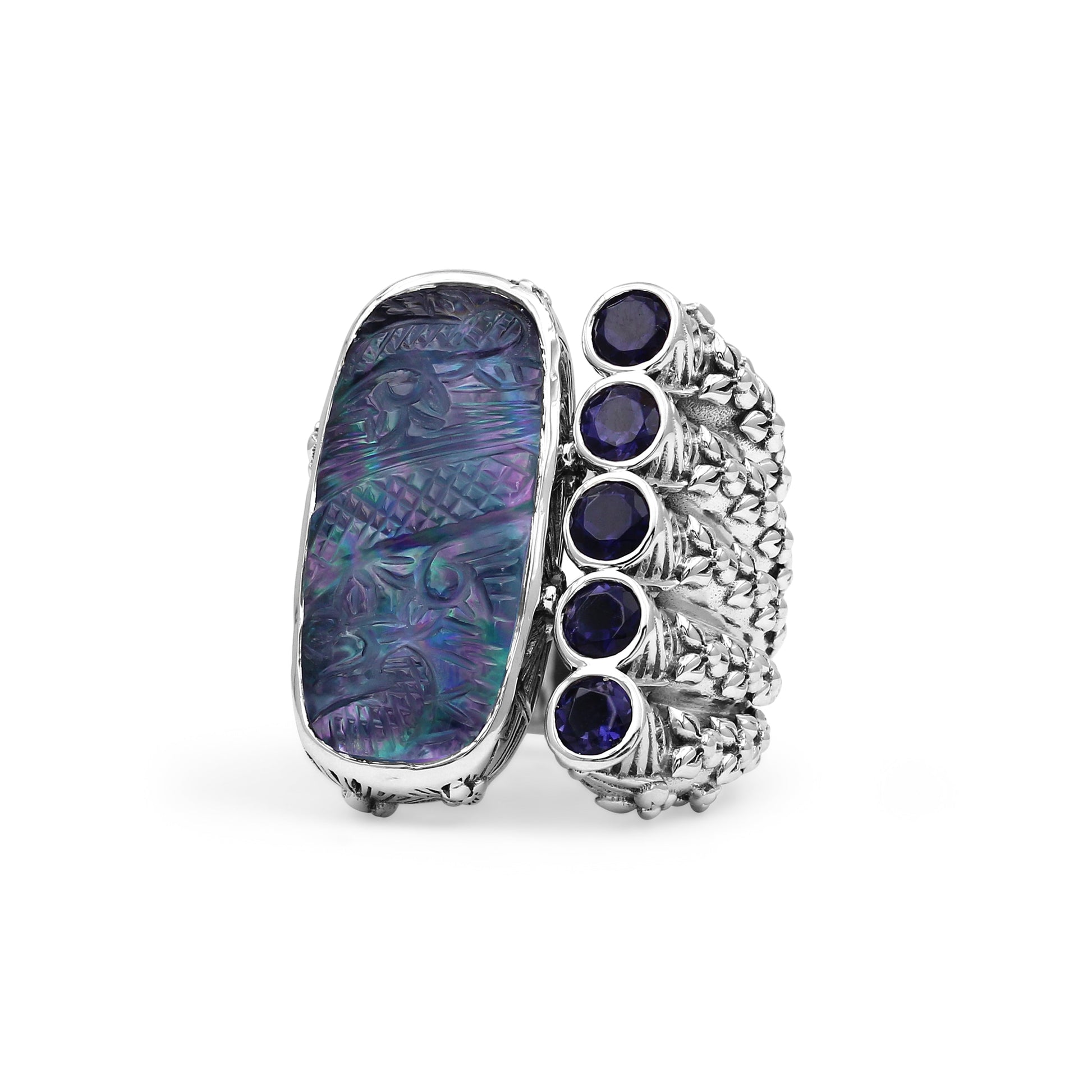 carventurous-hand-carved-natural-quartz-mother-of-pearl-agate-and-iolite-open-and-close-ring-in-sterling-silver
