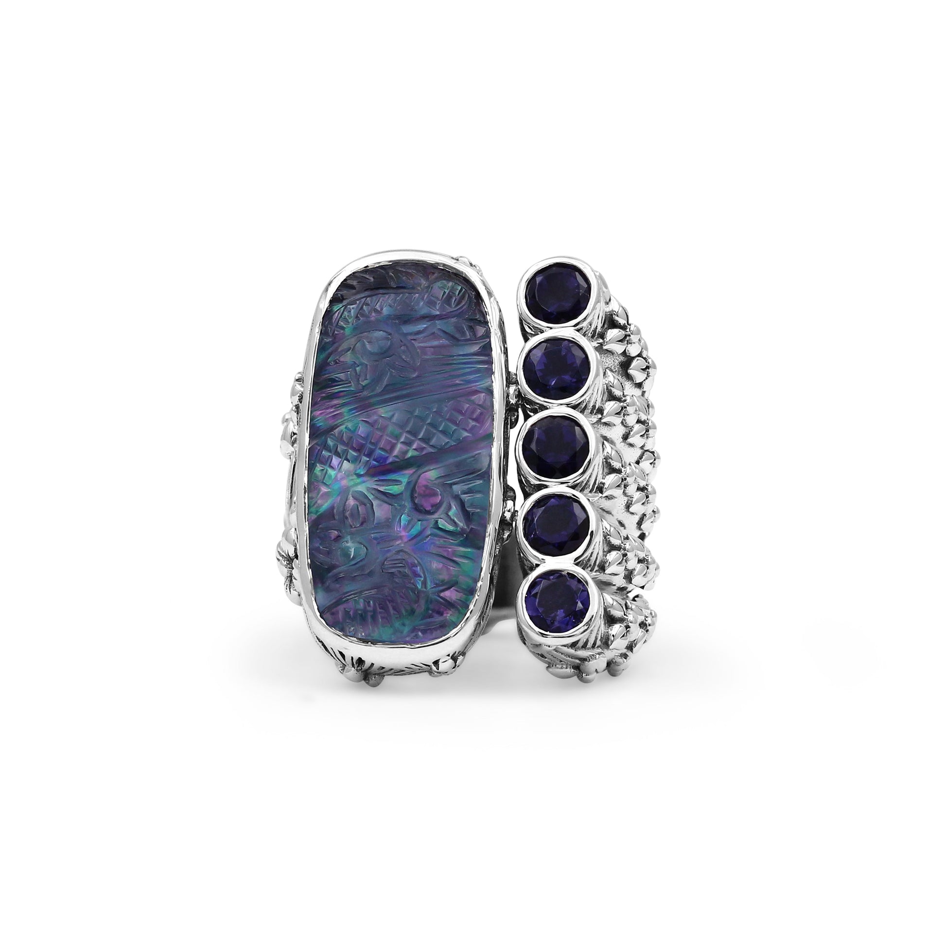 carventurous-hand-carved-natural-quartz-mother-of-pearl-agate-and-iolite-open-and-close-ring-in-sterling-silver
