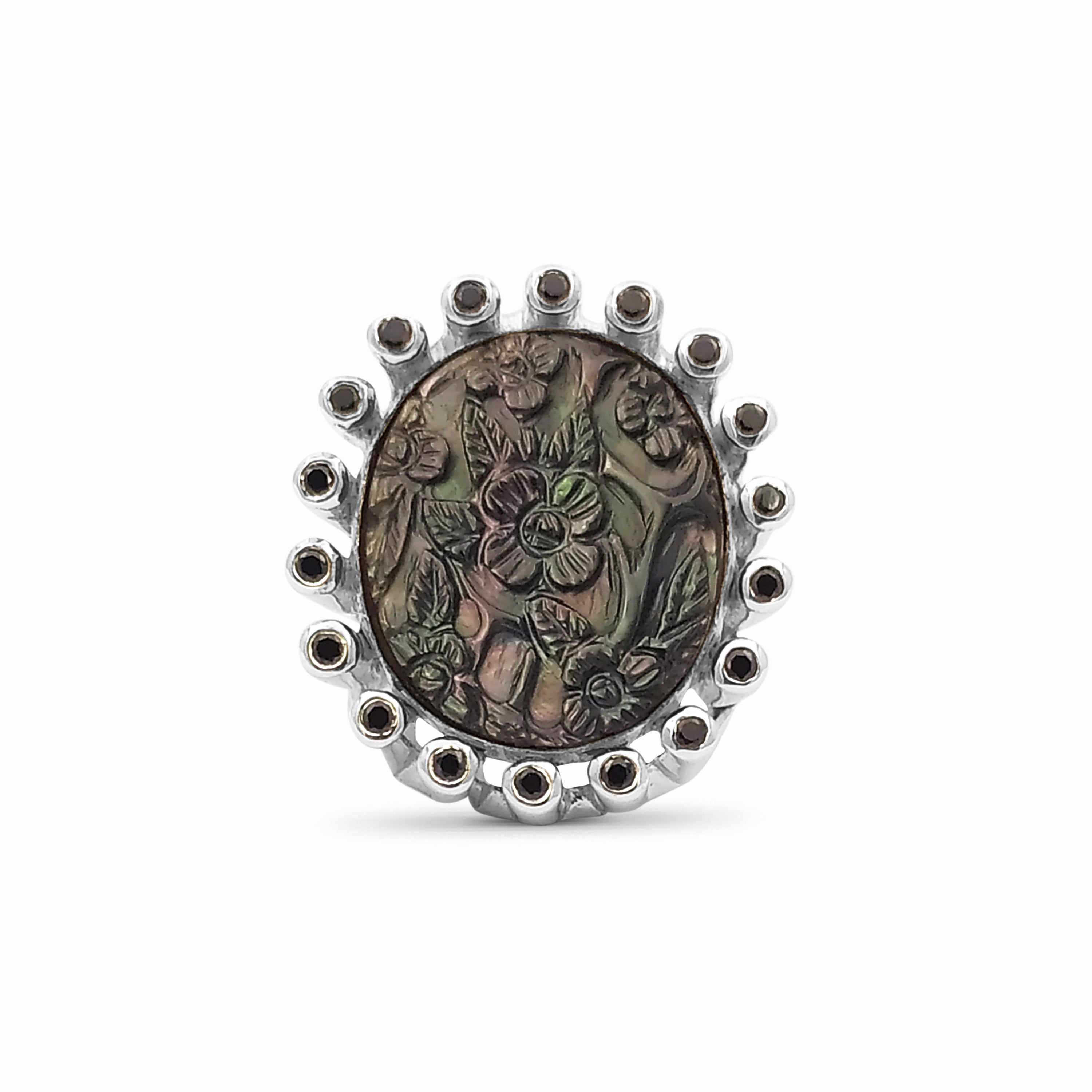 carventurous-hand-carved-tahitian-mother-of-pearl-and-black-spinel-ring-in-sterling-silver-tube-setting