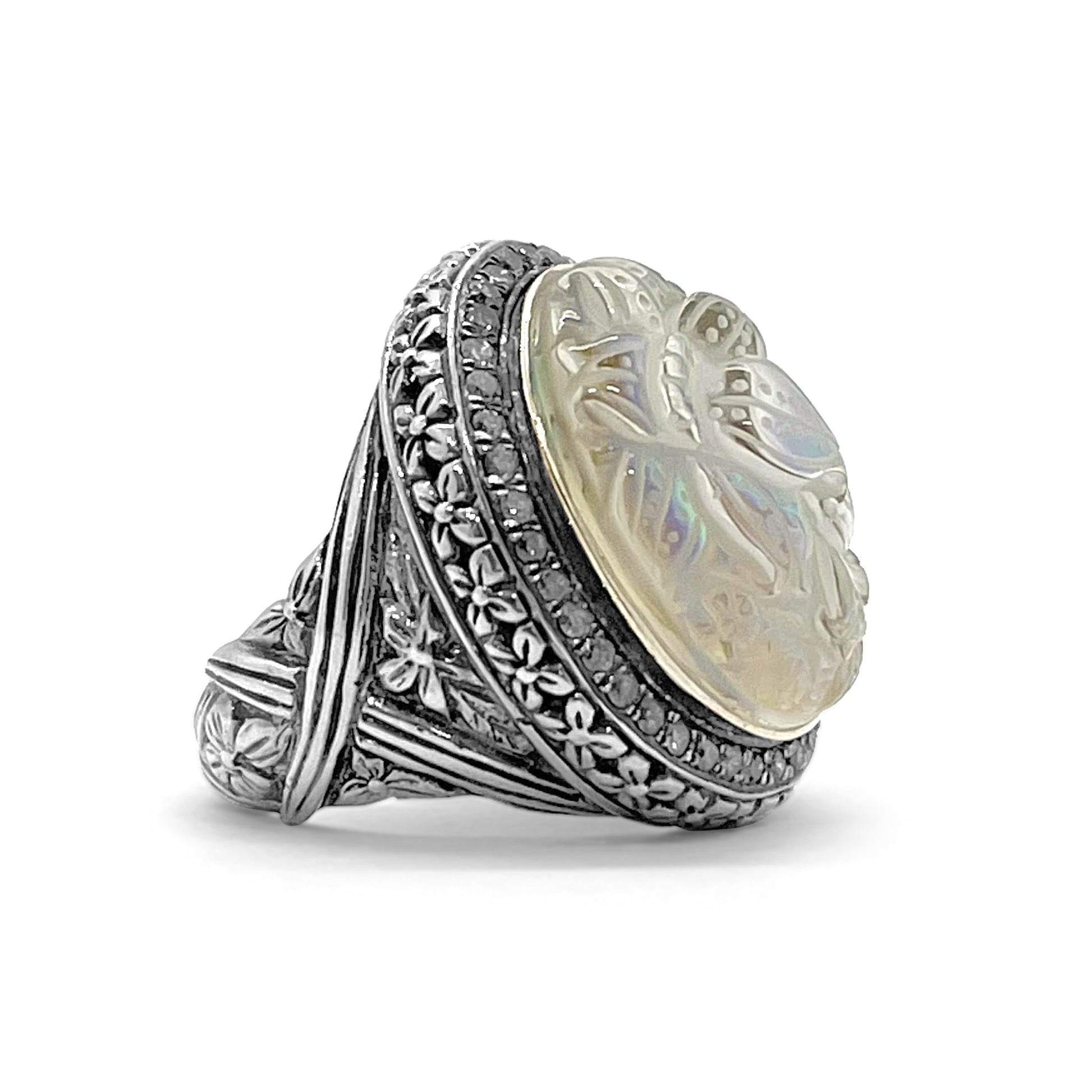 carventurous-hand-carved-natural-quartz-and-abalone-ring-with-0-55ct-champagne-diamonds-in-sterling-silver