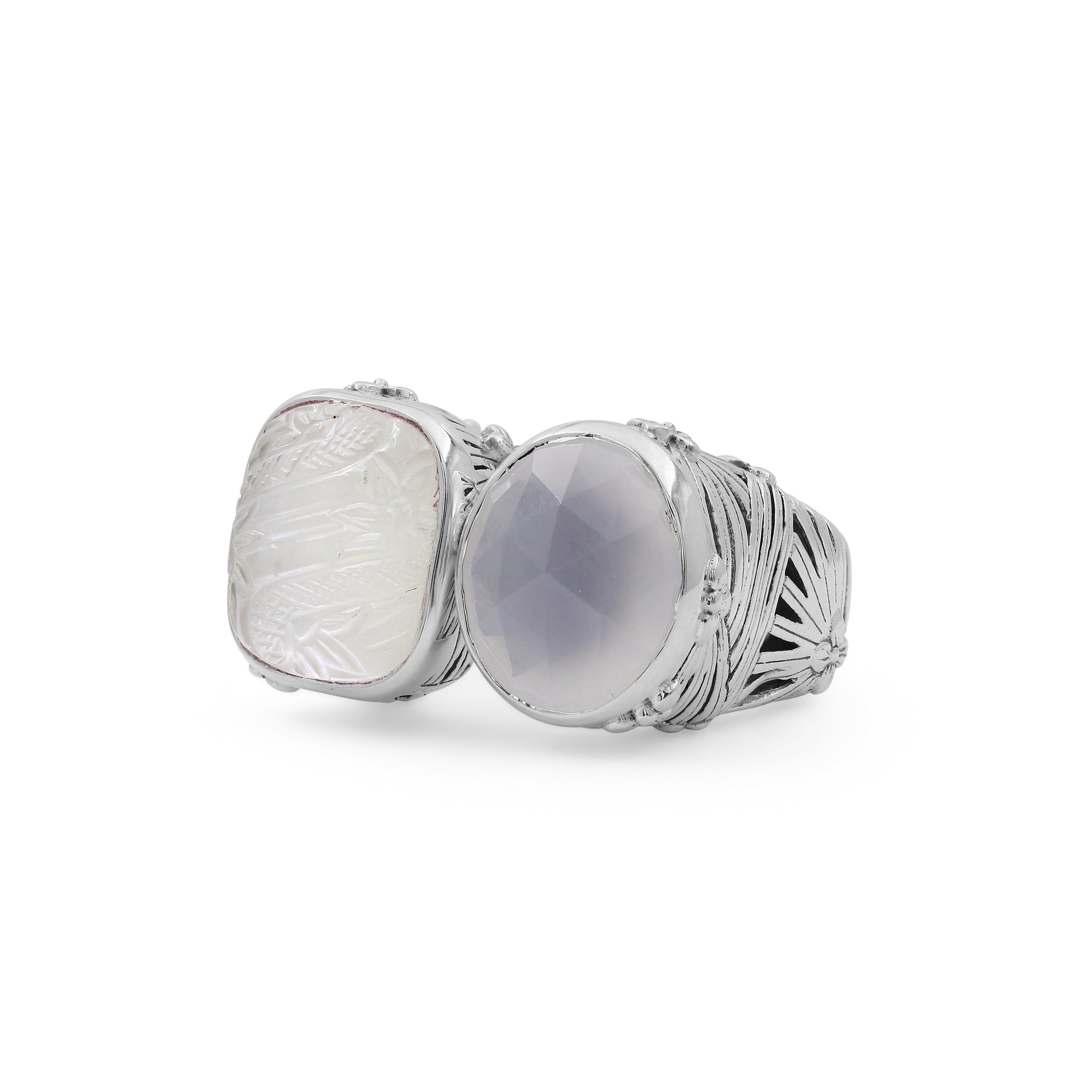 carventurous-faceted-moon-quartz-hand-carved-natural-quartz-and-mother-of-pearl-open-and-close-sunray-ring-in-sterling-silver