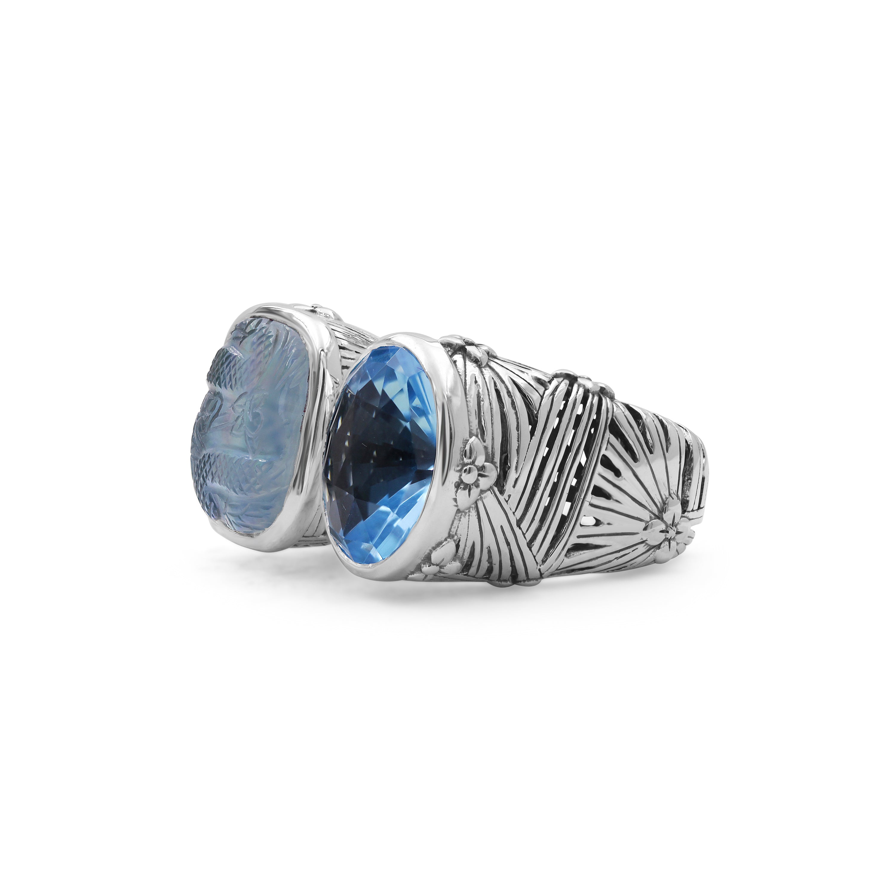carventurous-faceted-blue-topaz-natural-quartz-mother-of-pearl-and-green-agate-open-and-close-sunray-ring-in-sterling-silver