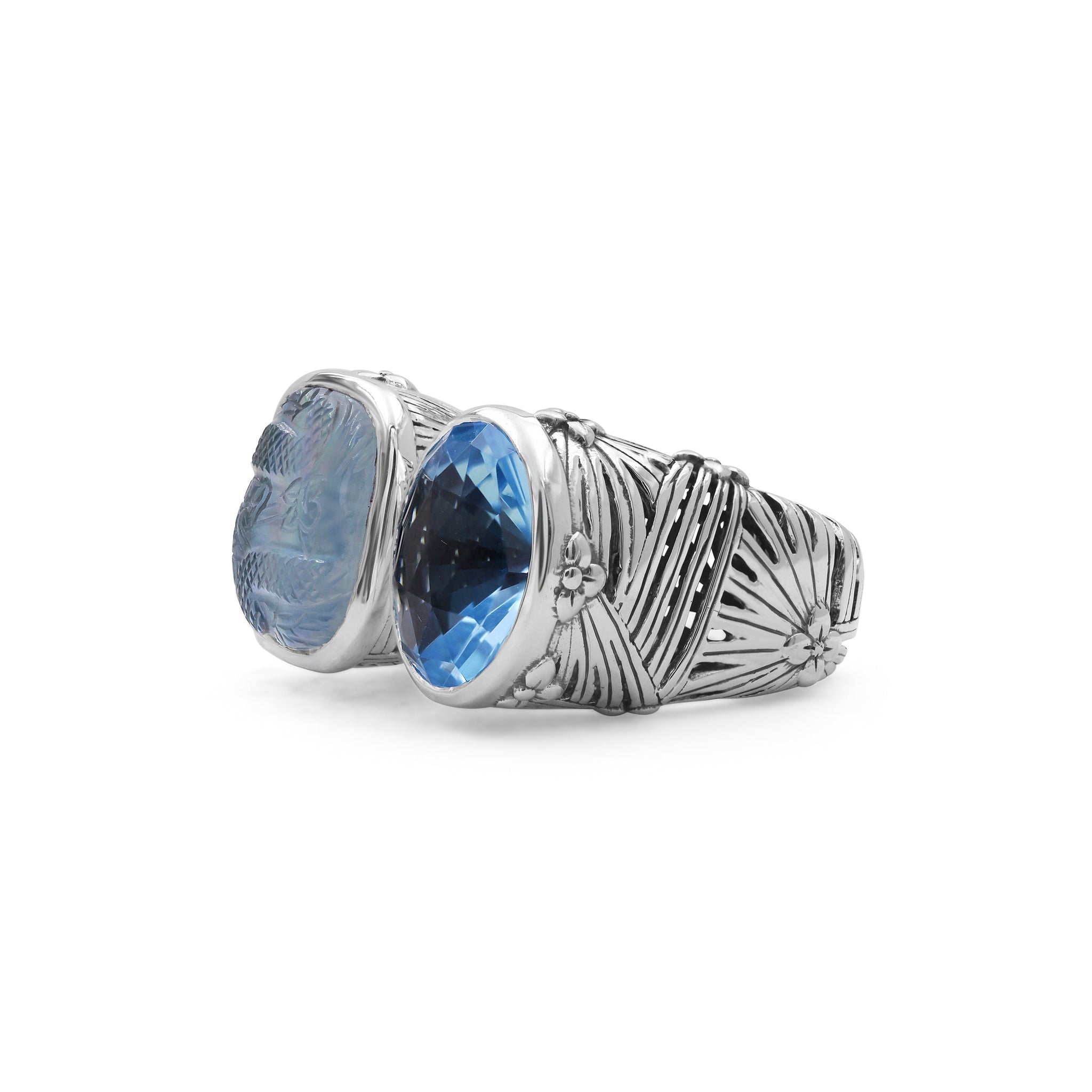 carventurous-faceted-blue-topaz-natural-quartz-mother-of-pearl-and-green-agate-open-and-close-sunray-ring-in-sterling-silver