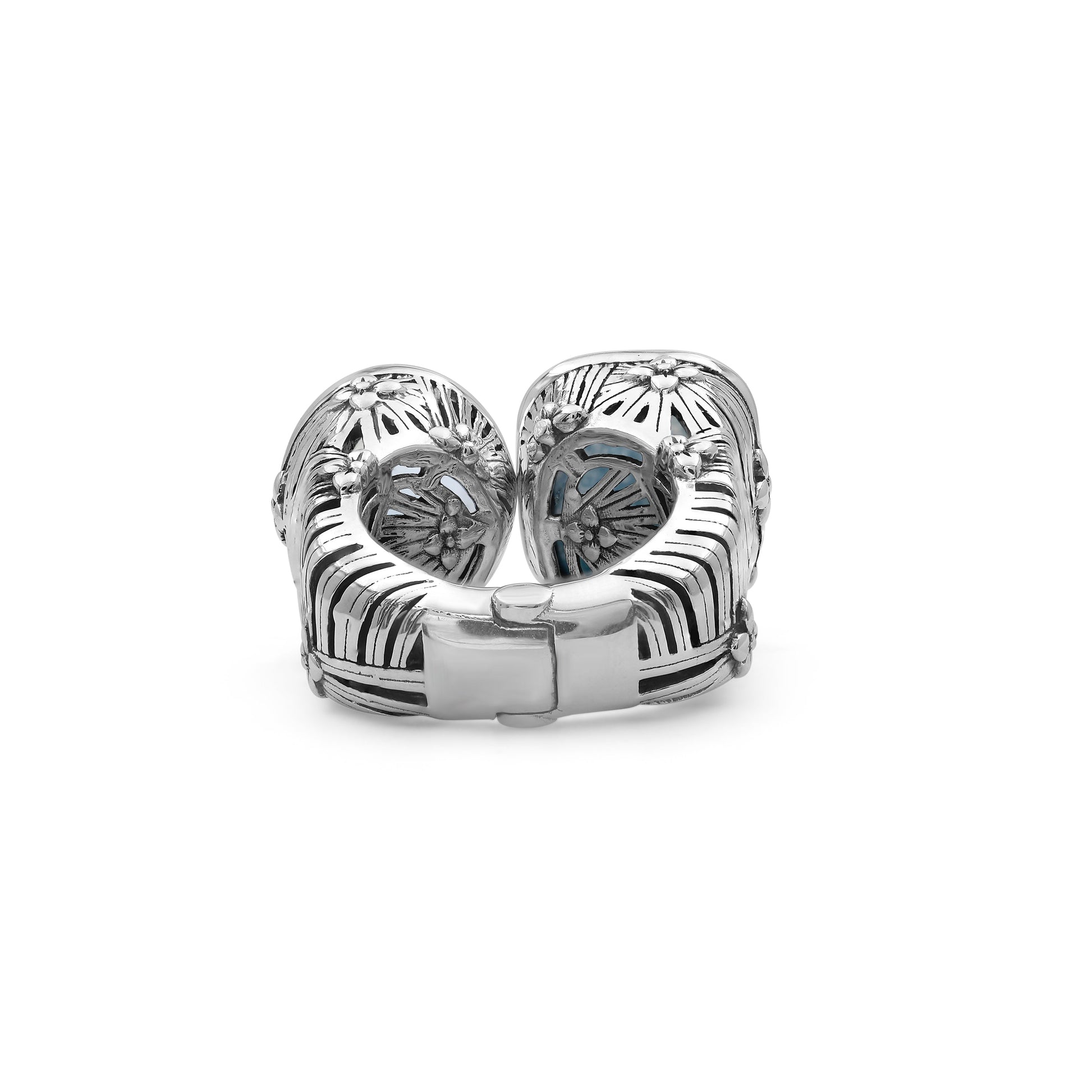 carventurous-faceted-blue-topaz-natural-quartz-mother-of-pearl-and-green-agate-open-and-close-sunray-ring-in-sterling-silver