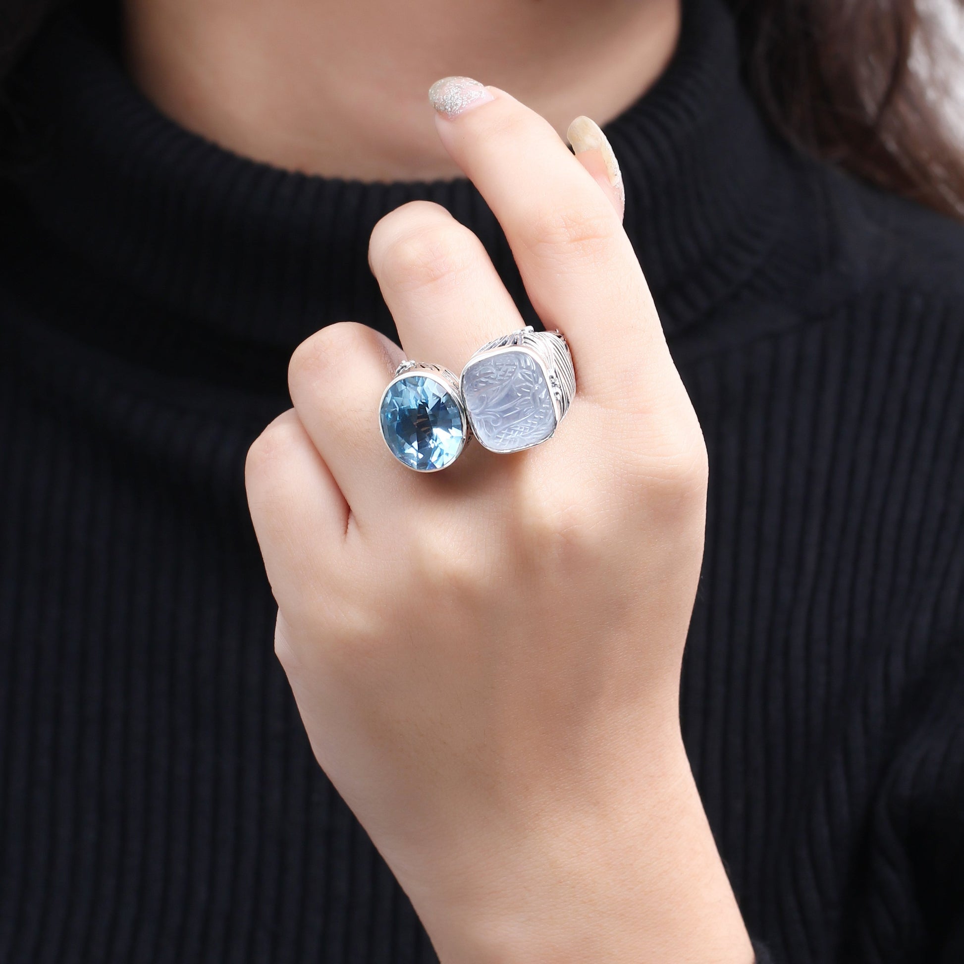 carventurous-faceted-blue-topaz-natural-quartz-mother-of-pearl-and-green-agate-open-and-close-sunray-ring-in-sterling-silver