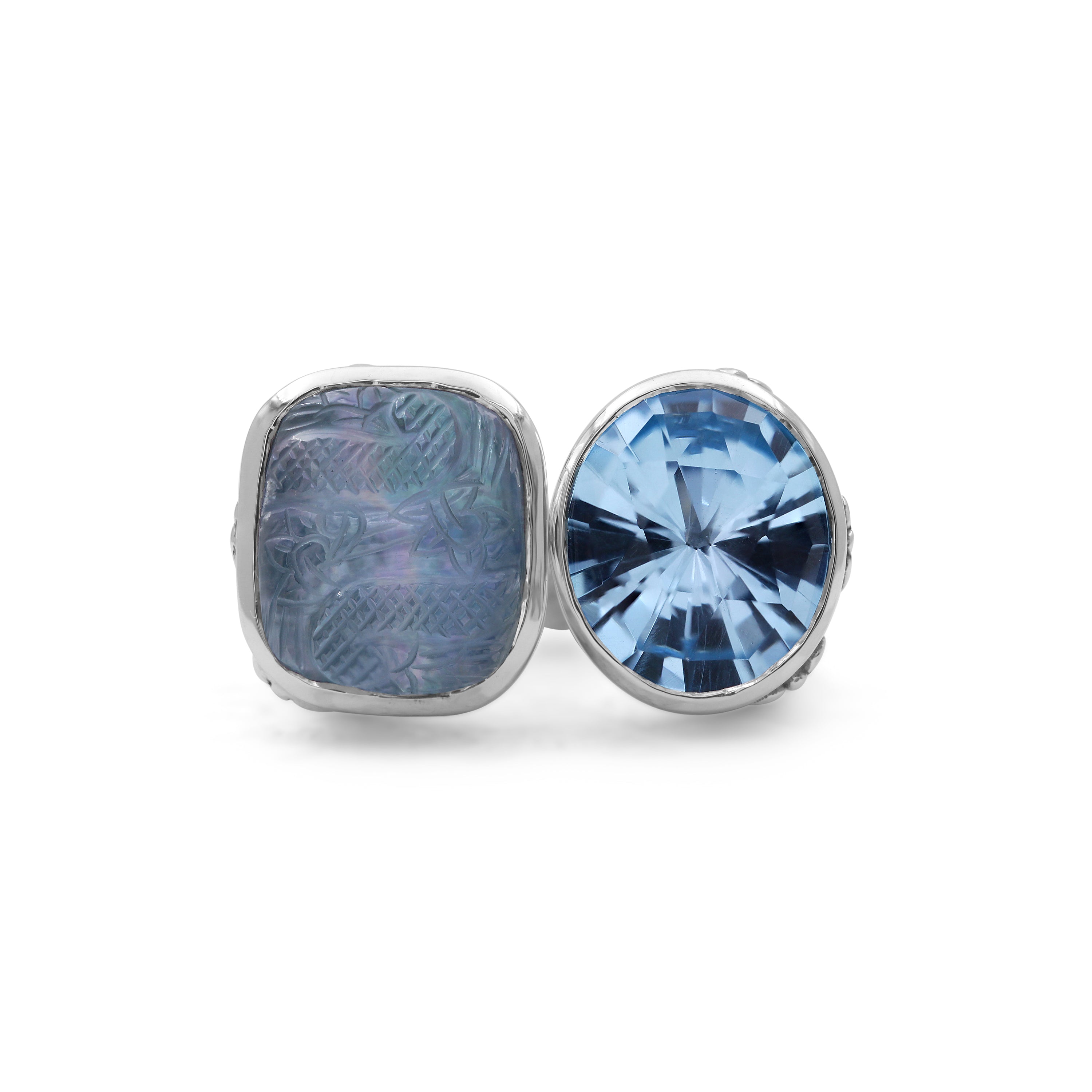carventurous-faceted-blue-topaz-natural-quartz-mother-of-pearl-and-green-agate-open-and-close-sunray-ring-in-sterling-silver