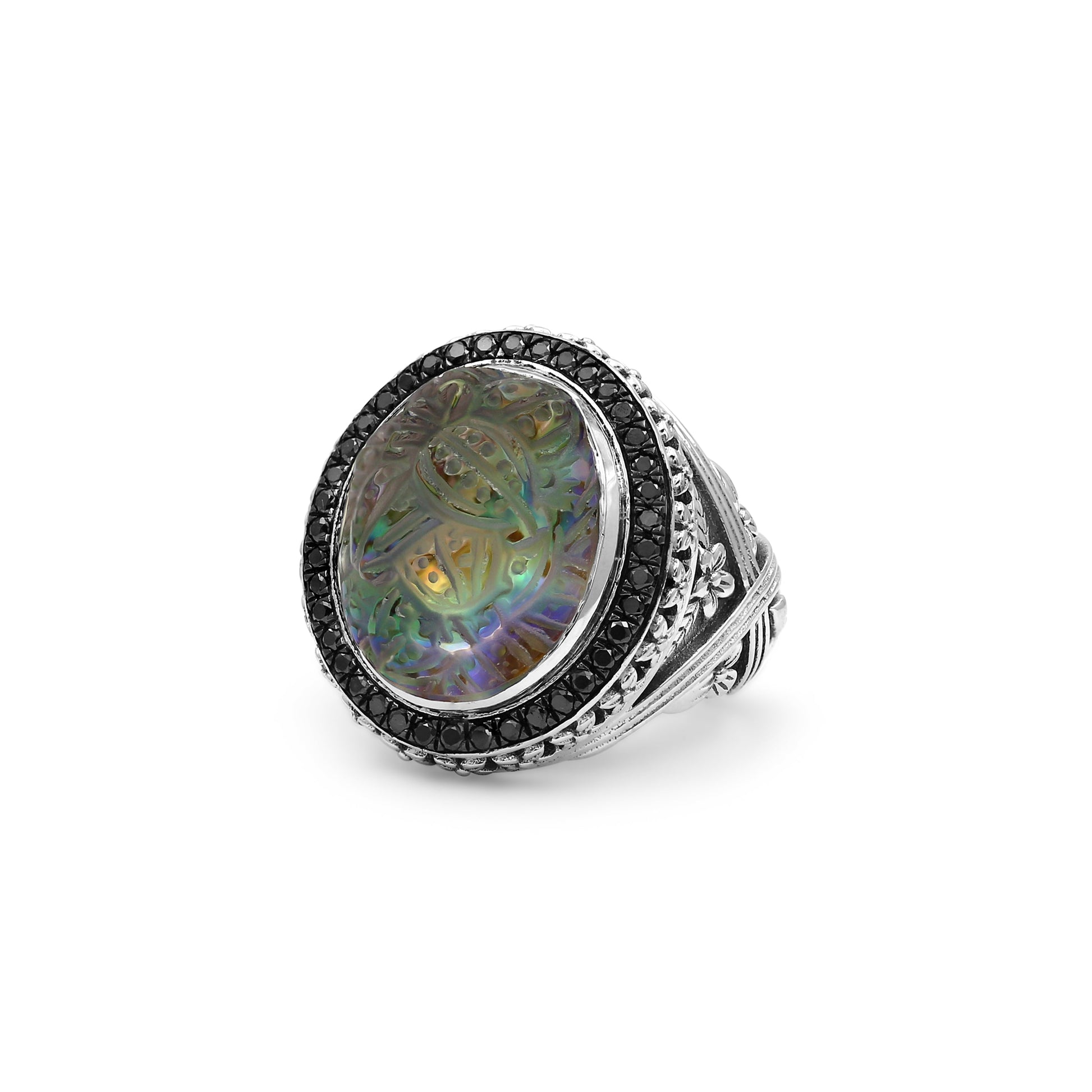 carventurous-hand-carved-natural-quartz-abalone-and-black-diamond-0-50ct-ring-in-sterling-silver