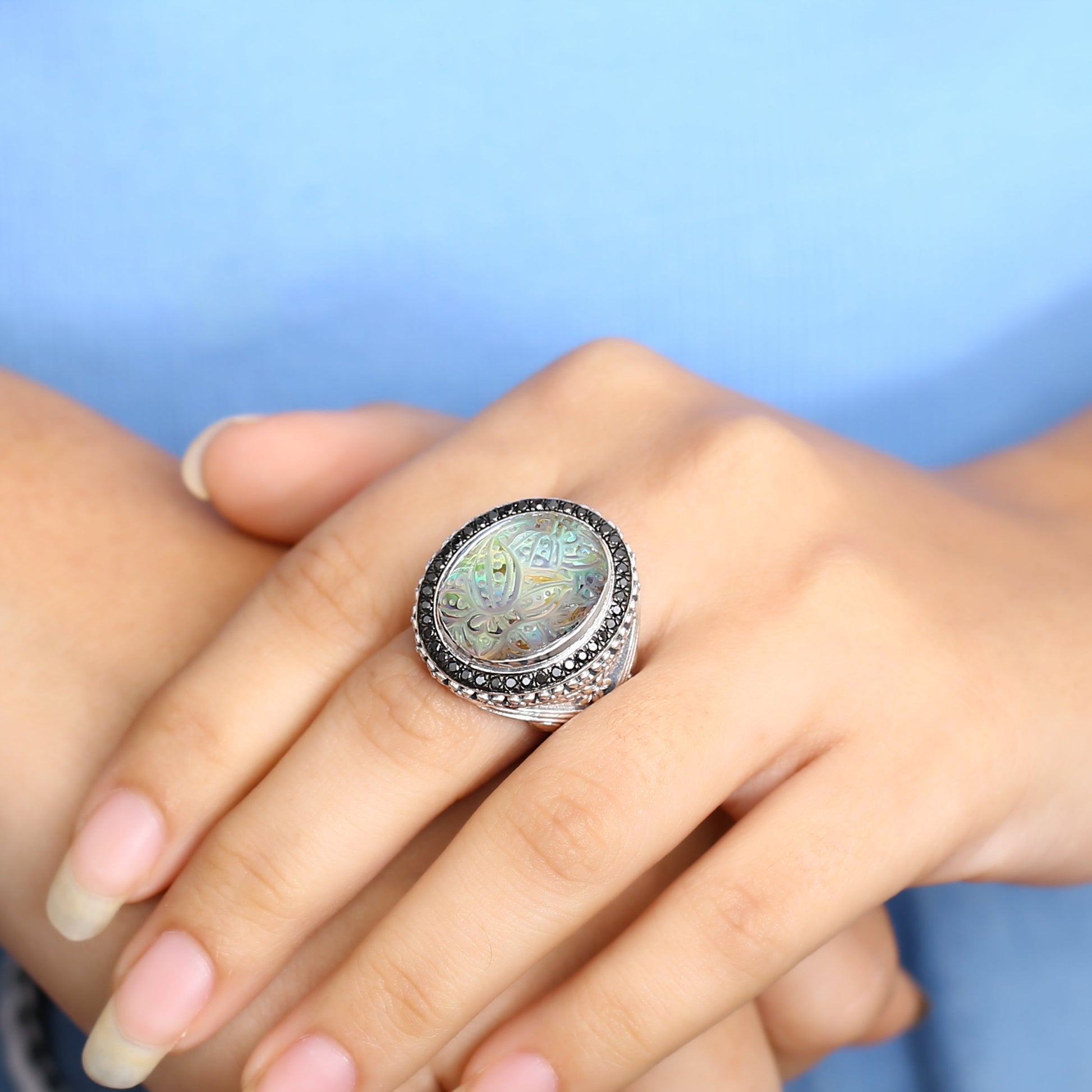 carventurous-hand-carved-natural-quartz-abalone-and-black-diamond-0-50ct-ring-in-sterling-silver