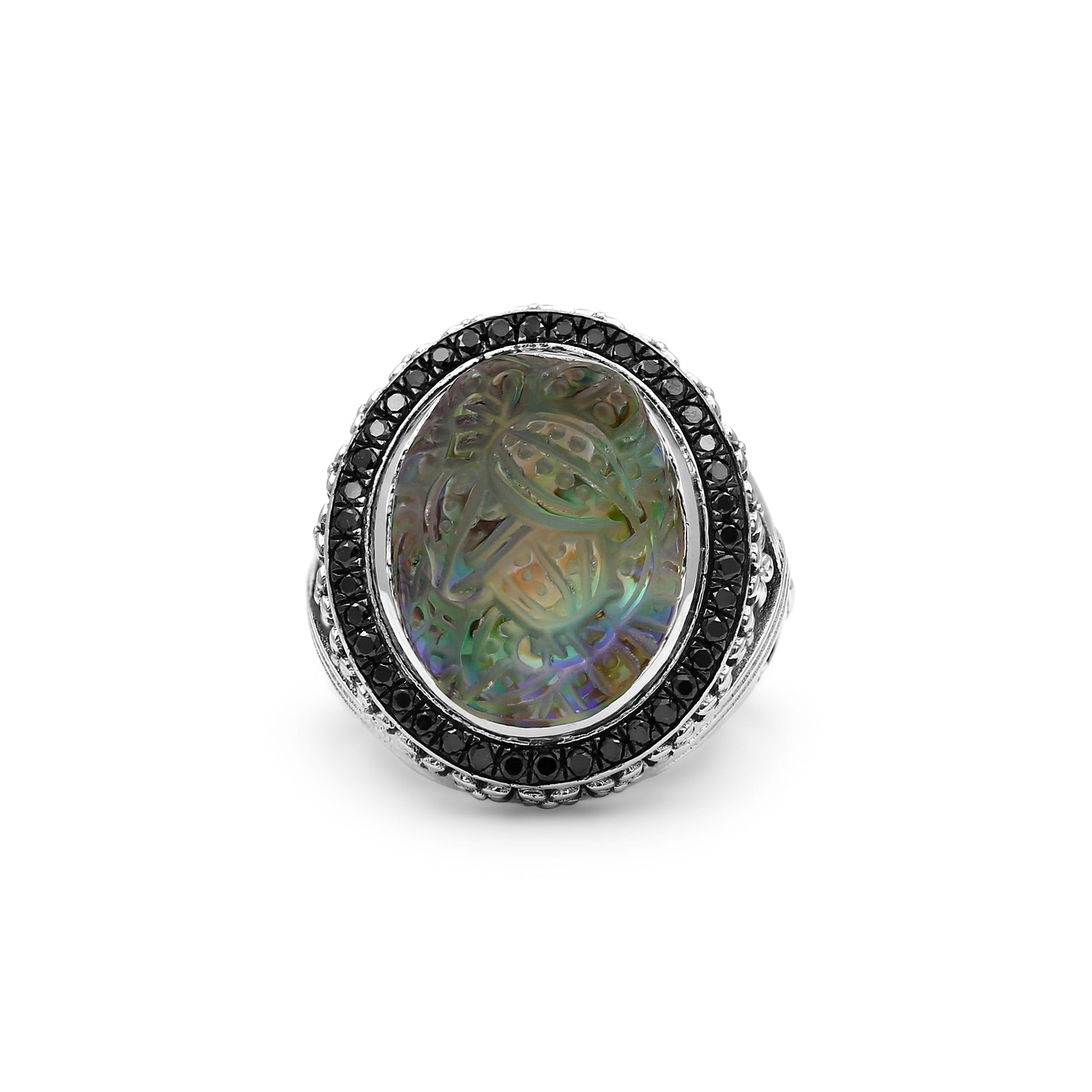 carventurous-hand-carved-natural-quartz-abalone-and-black-diamond-0-50ct-ring-in-sterling-silver