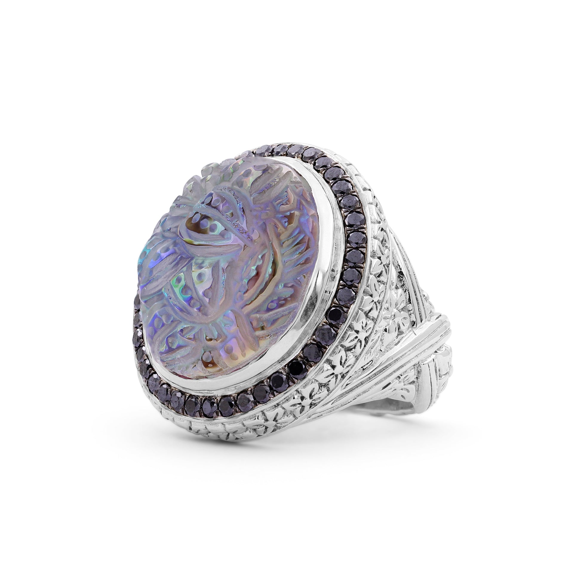 carventurous-hand-carved-natural-quartz-and-abalone-ring-in-sterling-silver-with-0-90ct-black-diamonds