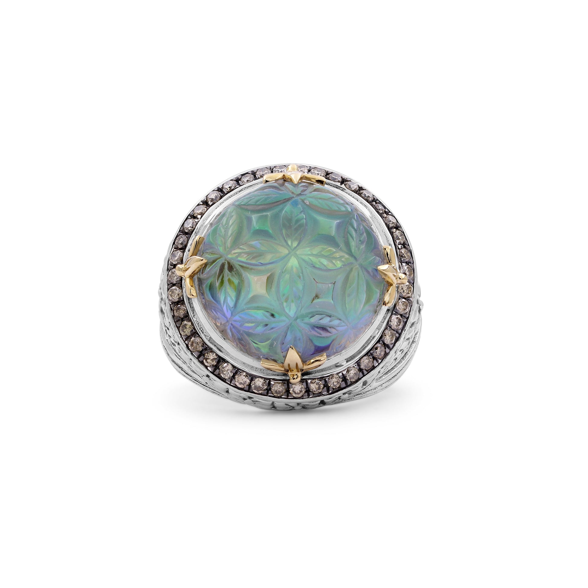 carventurous-hand-carved-natural-quartz-and-abalone-ring-in-sterling-silver-with-champagne-diamonds-and-18k-gold-flowers