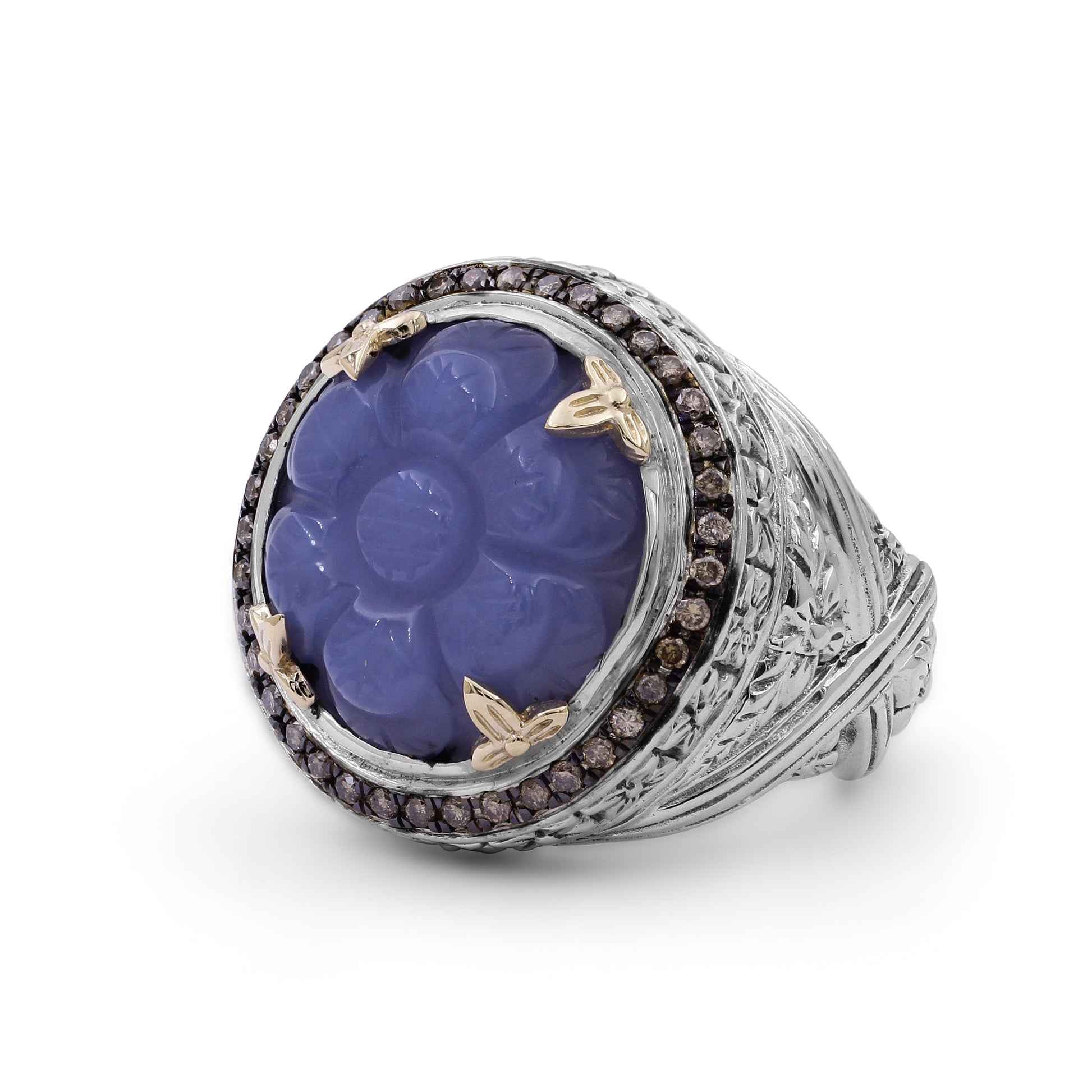 carventurous-hand-carved-chalcedony-ring-in-sterling-silver-with-champagne-diamonds-and-18k-gold-flowers