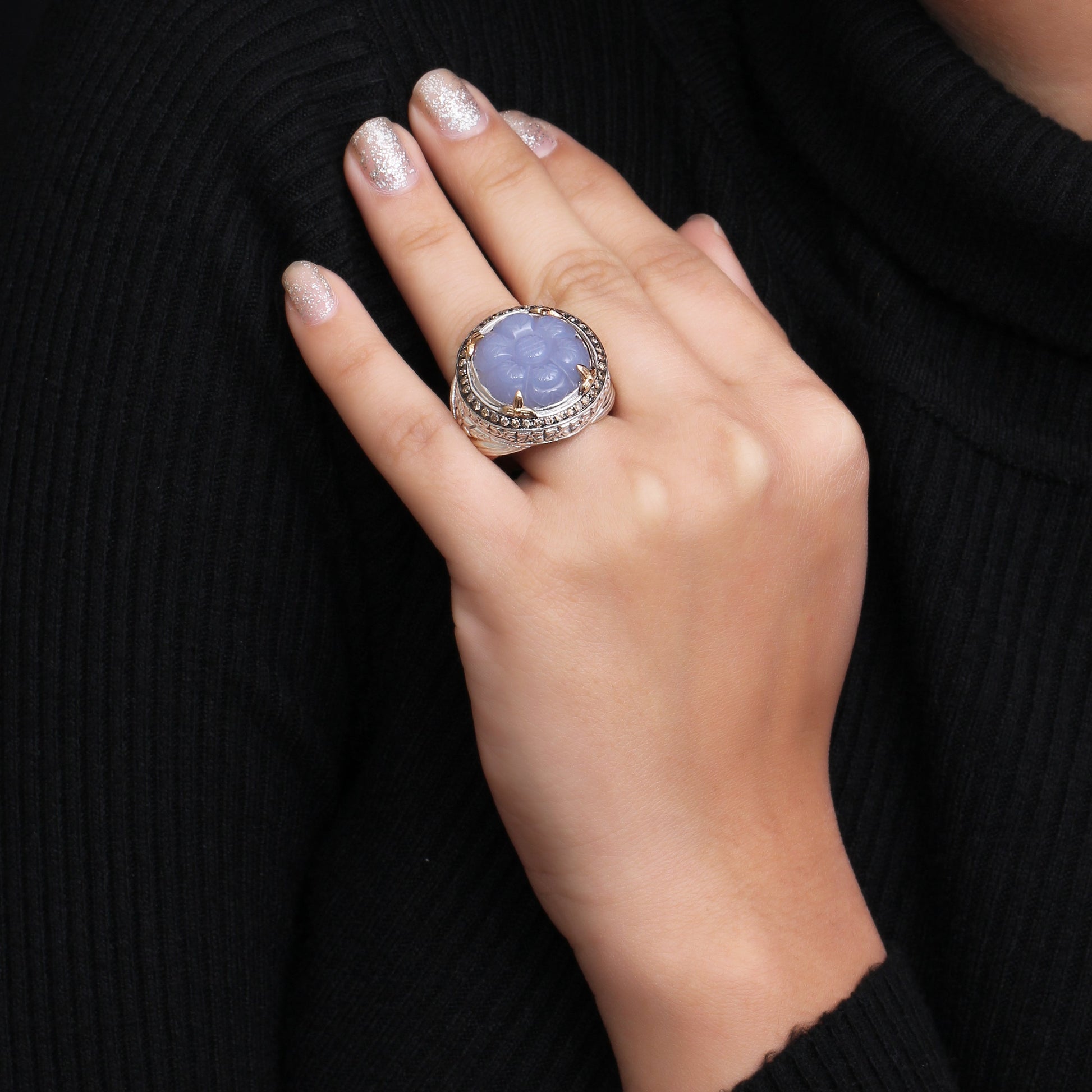 carventurous-hand-carved-chalcedony-ring-in-sterling-silver-with-champagne-diamonds-and-18k-gold-flowers