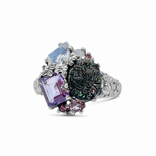 rockrageous-hand-carved-mother-of-pearl-amethyst-pink-tourmaline-lavender-moon-quartz-and-chalcedony-cluster-ring-in-sterling-silver