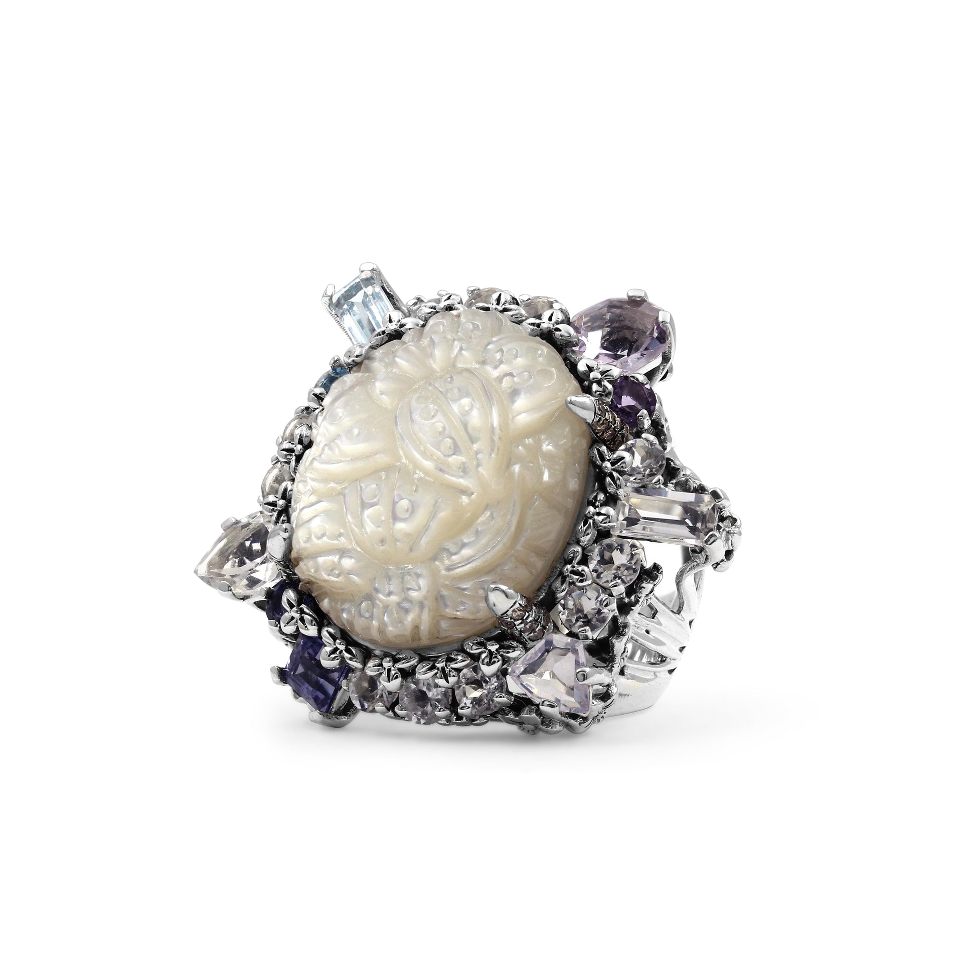 rockrageous-hand-carved-mother-of-pearl-lavender-moon-quartz-amethyst-iolite-blue-and-white-topaz-ring-in-sterling-silver