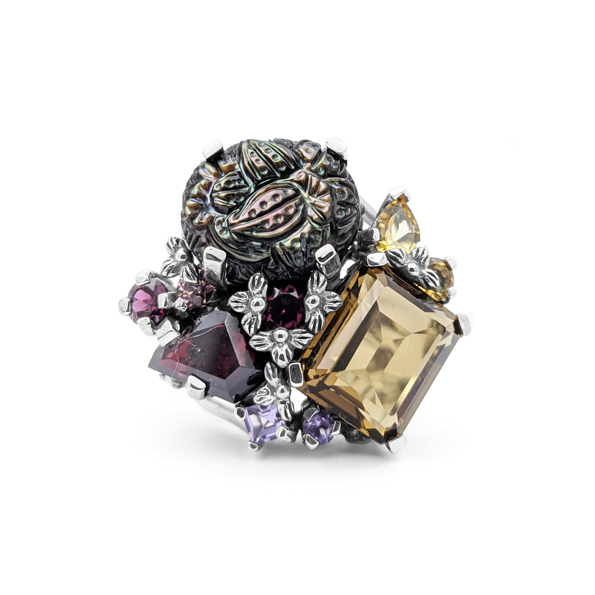 rockrageous-hand-carved-tahitian-mother-of-pearl-garnet-sapphire-amethyst-citrine-and-cognac-quartz-ring-in-sterling-silver