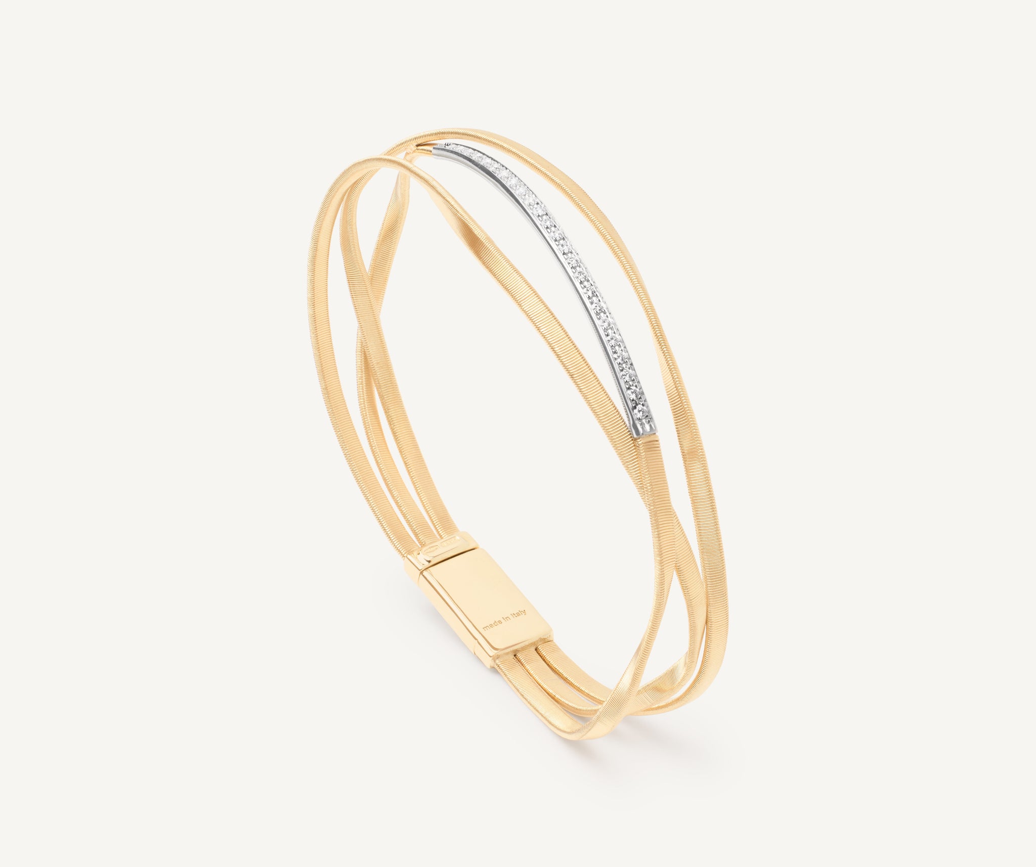 18kt yellow gold three-strand bangle with diamond bar