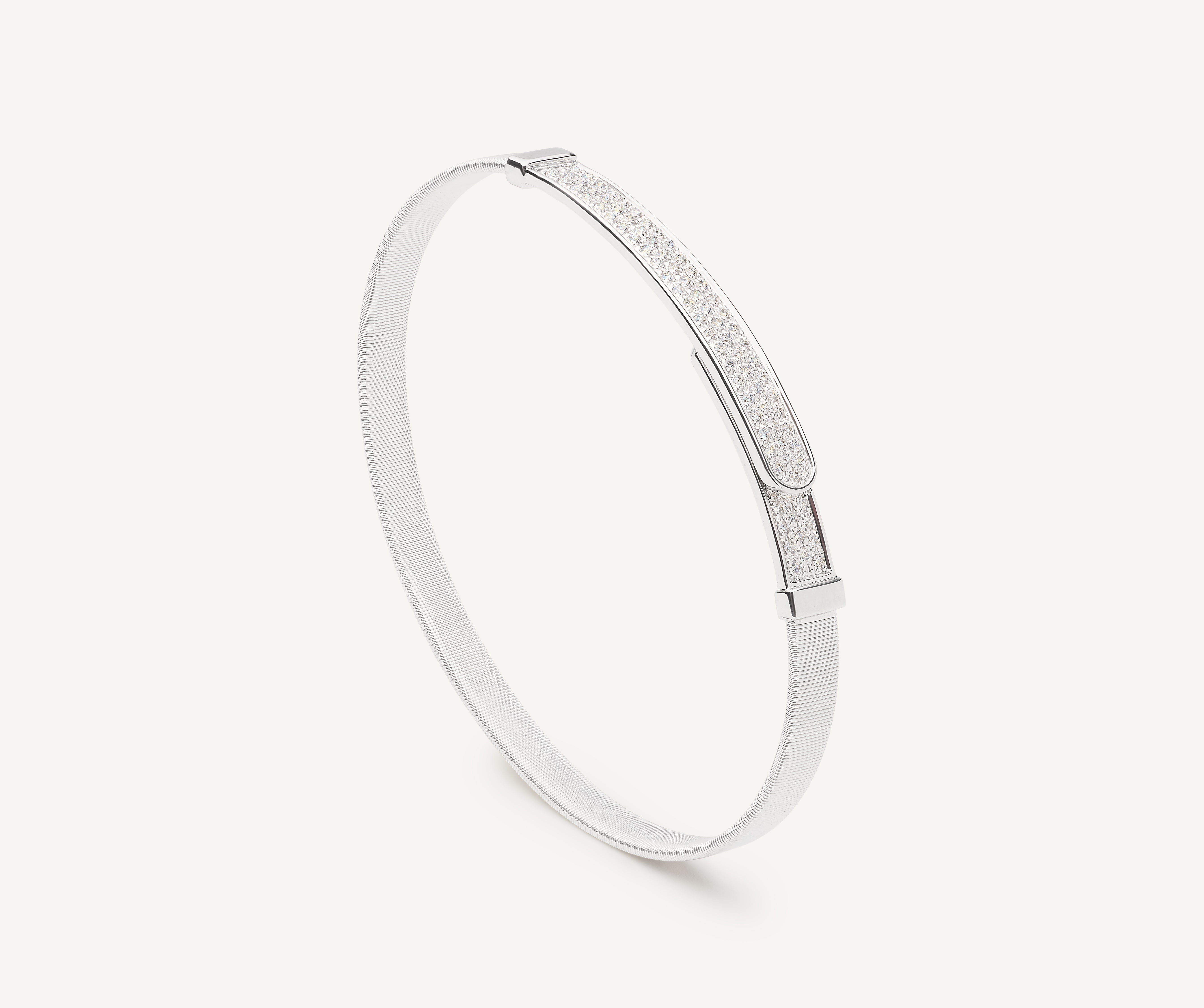 18K White Gold Coil and Diamond Pav Thin Bangle Bracelet
