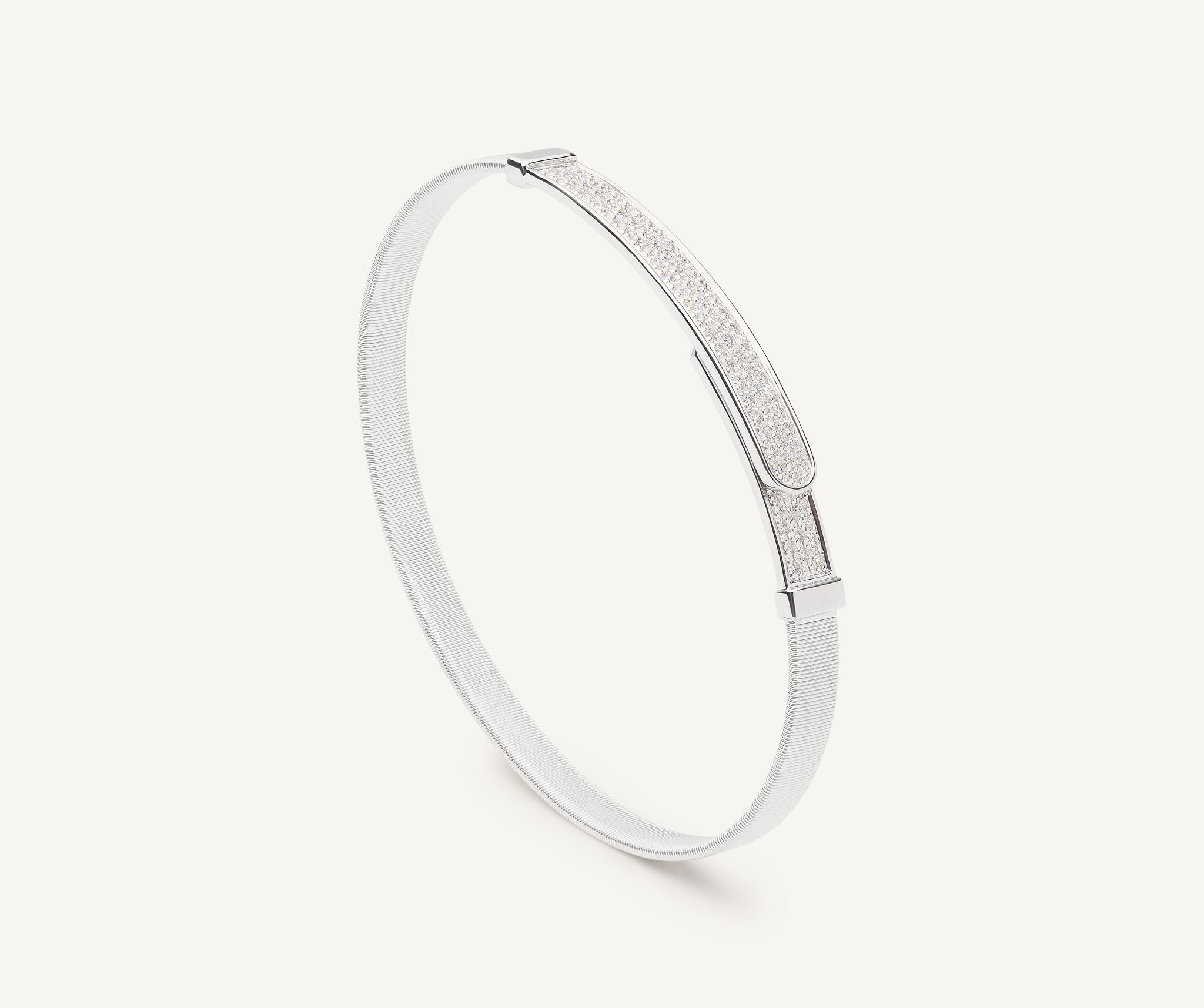 18K White Gold Coil and Diamond Pav Thin Bangle Bracelet