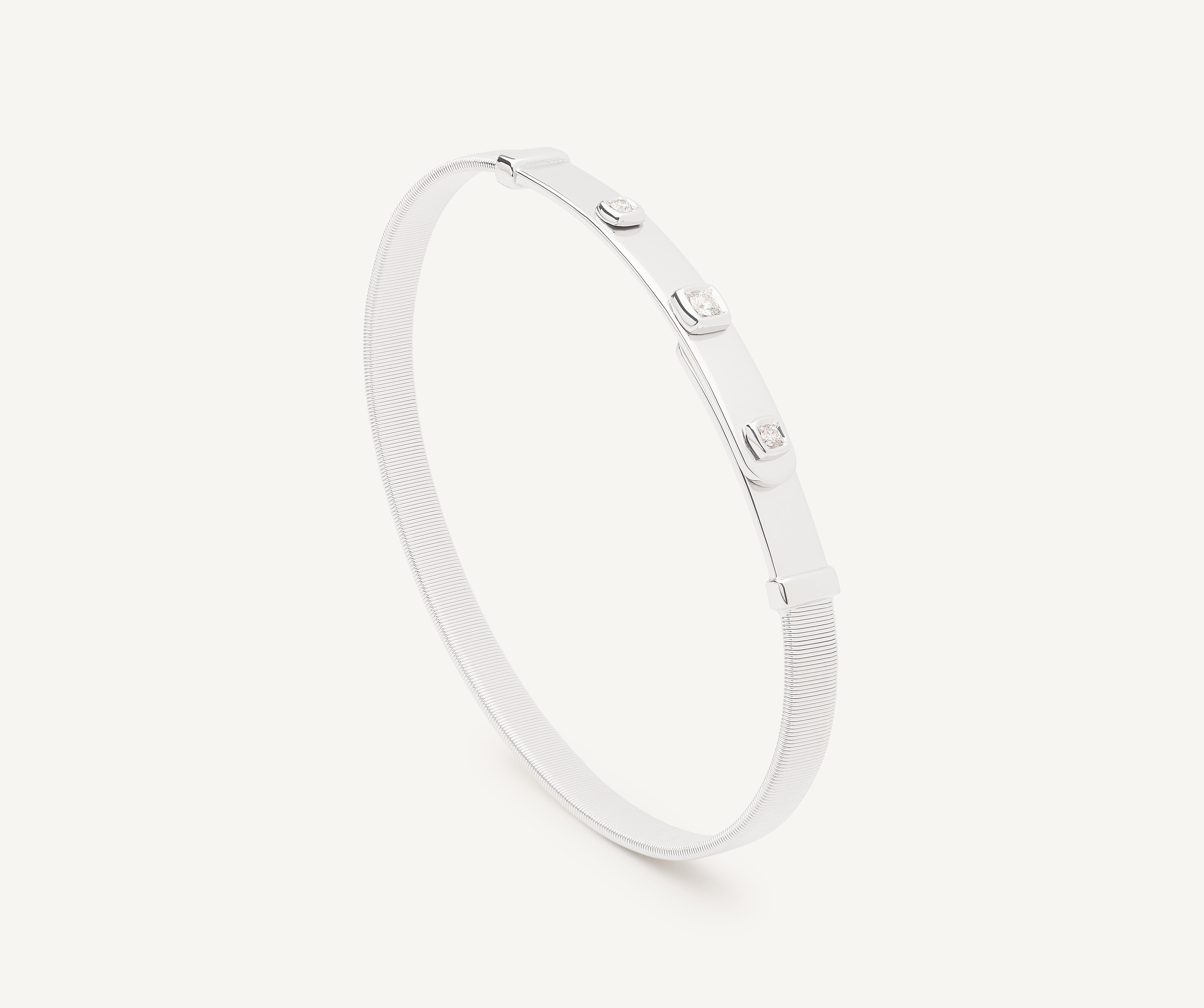 18K White Gold Coil and Diamonds Thin Bangle Bracelet