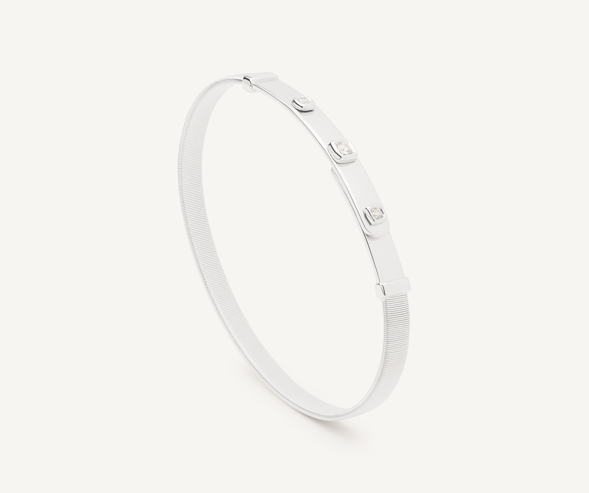18K White Gold Coil and Diamonds Thin Bangle Bracelet