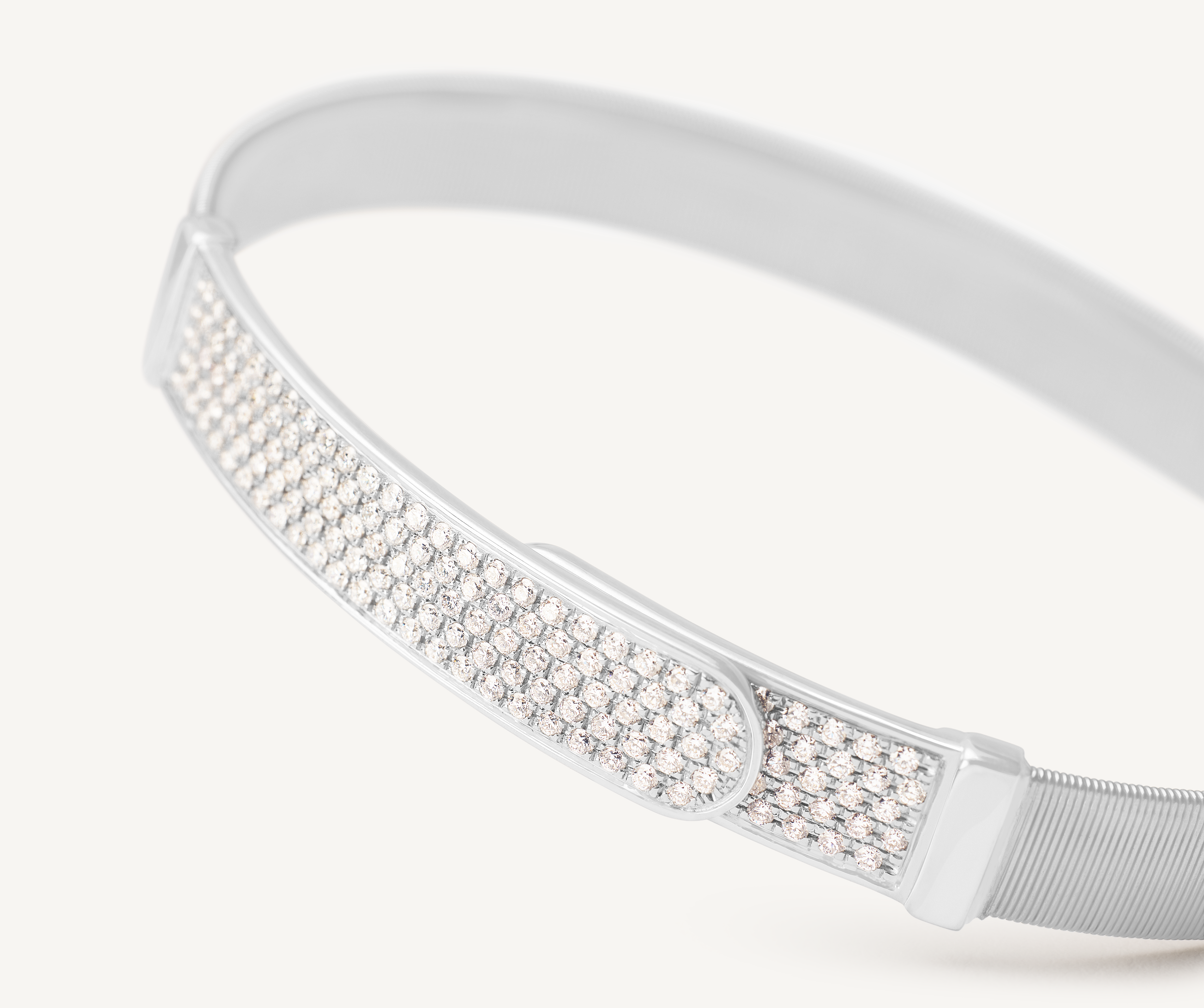 18K White Gold Coil and Diamond Pav Large Bangle Bracelet