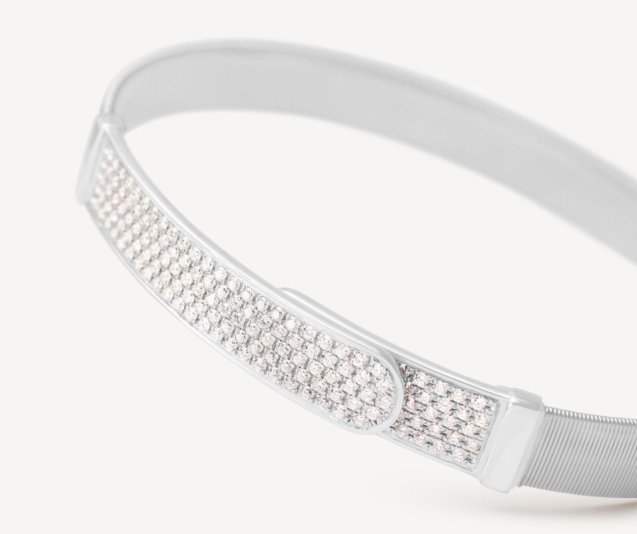 18K White Gold Coil and Diamond Pav Large Bangle Bracelet