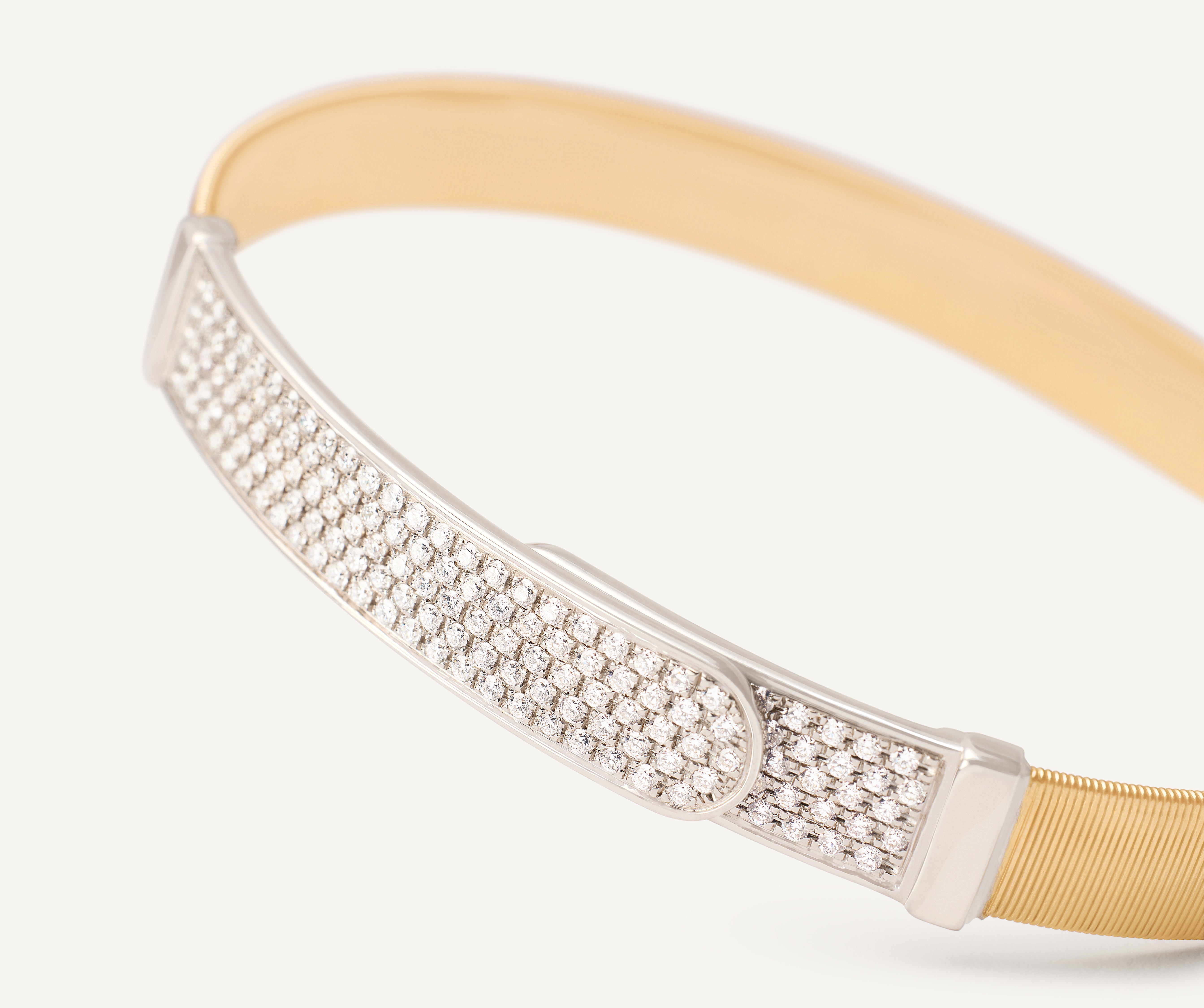18K Yellow Gold Coil and Diamond Pave Large Bangle Bracelet