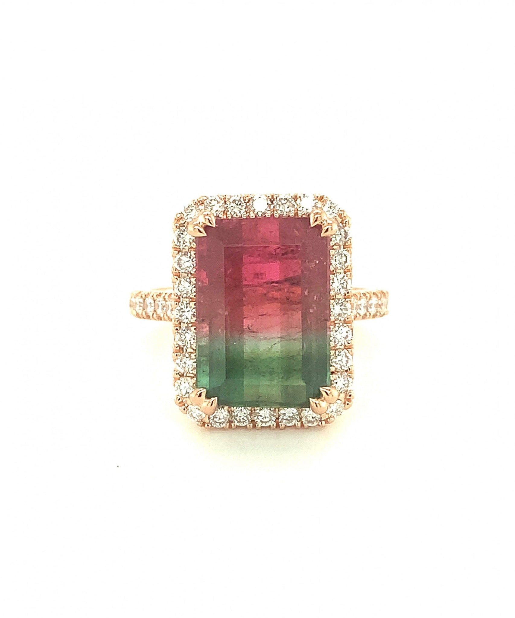 Watermelon Tourmaline Emerald Cut Ring with Diamonds 72-JSA