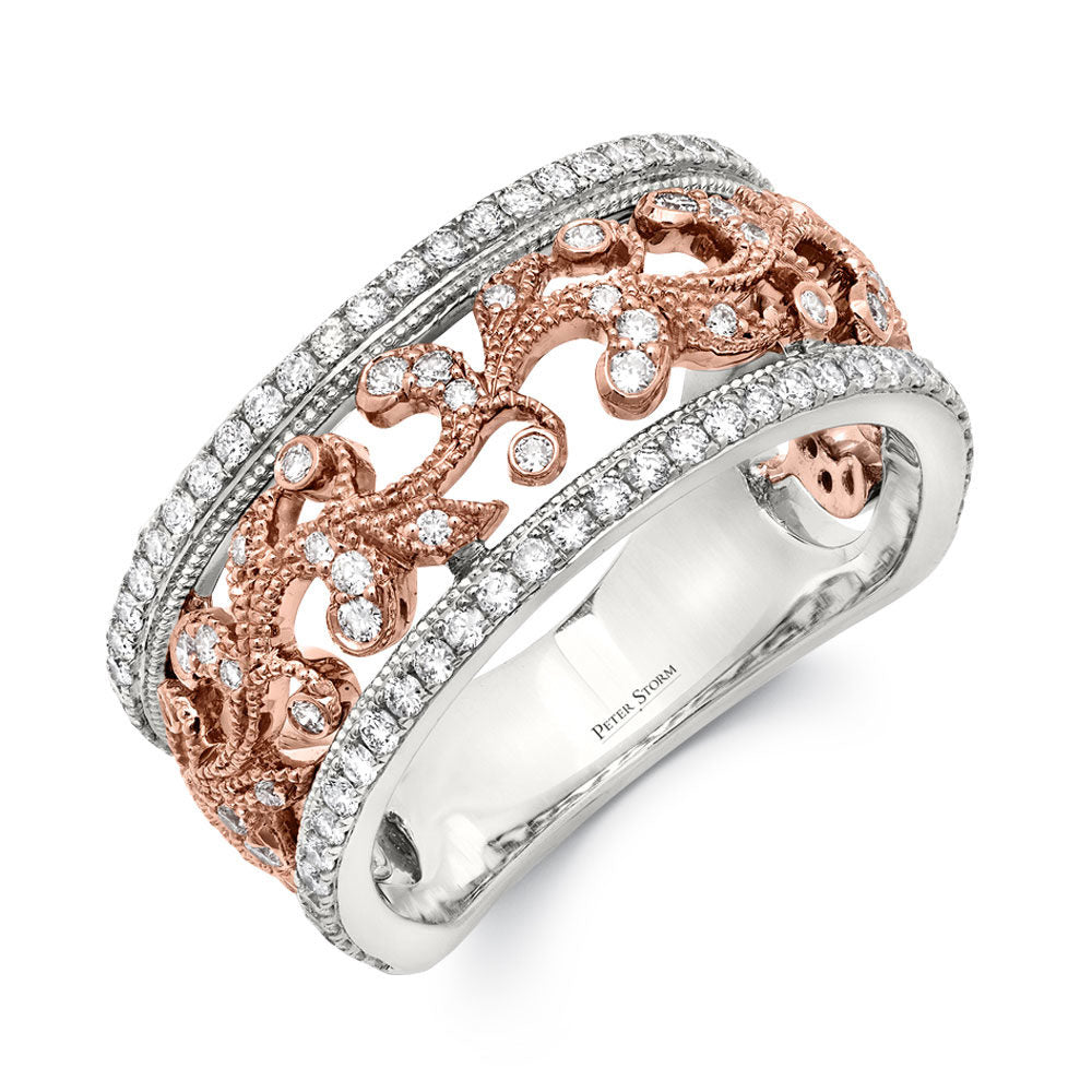 Peter Storm Rose Gold And Diamond Leaf Patterns Sit Between Two Rows Of White Gold And Diamonds Wbm503_4Diawr  WBM503_4DiaWR