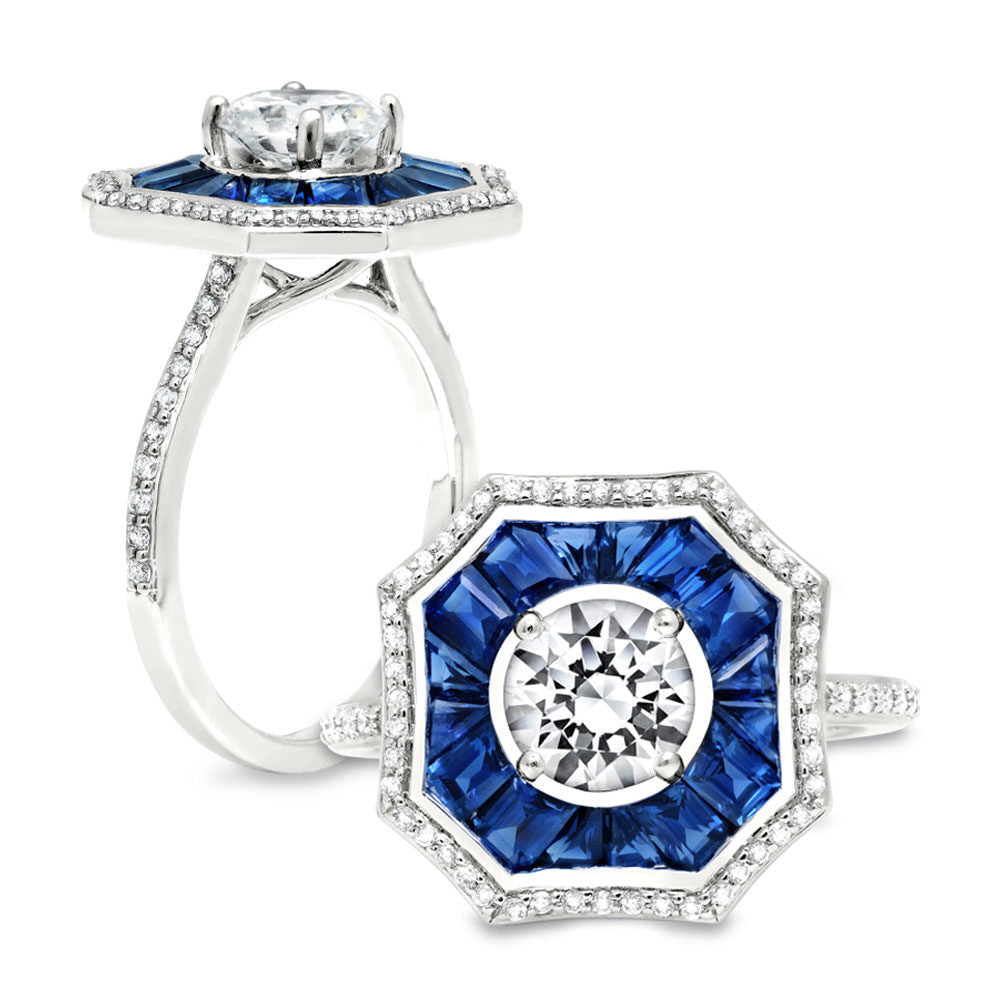 Peter Storm Sapphires, each custom cut and shaped, to fit this dramatic octagonal, art deco inspired ring WSM338_4DBlW  WSM338_4DBlW