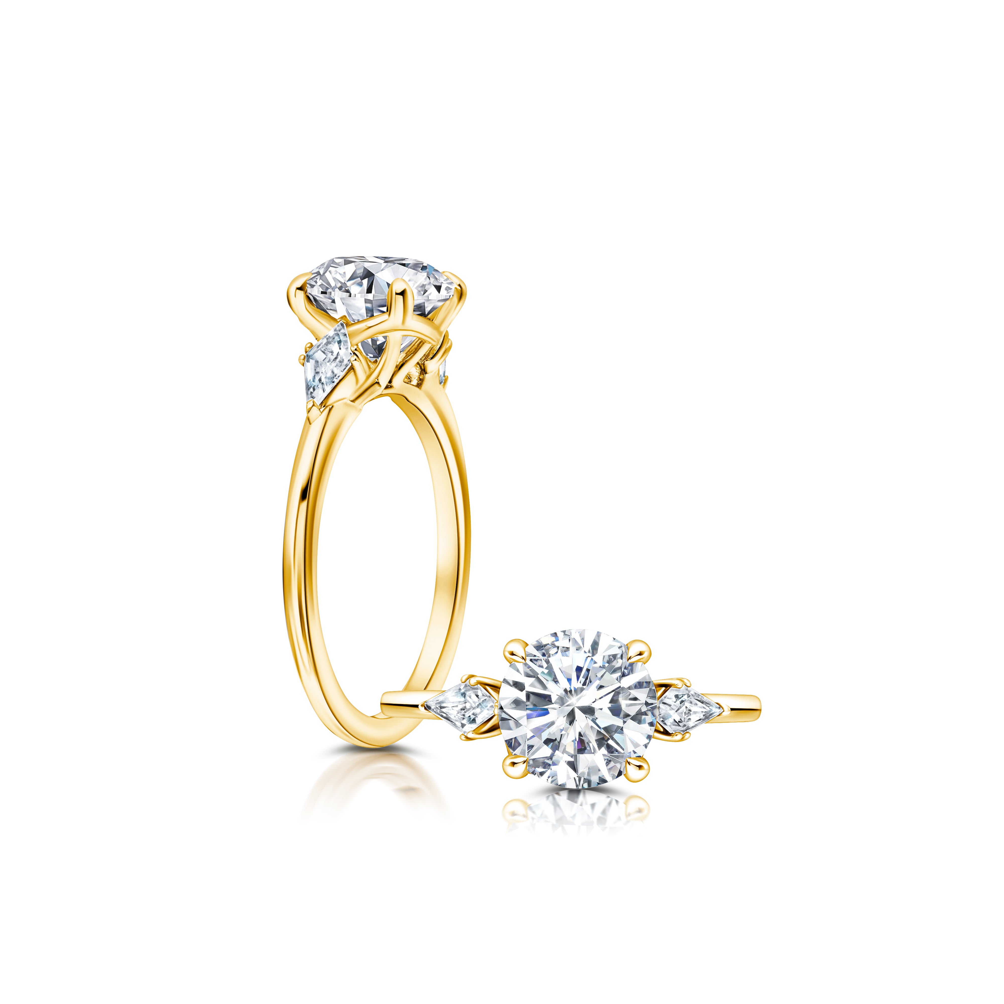 A classic twist on a three stone ring, this ring features two kite diamonds sitting on either side of your chosen center WSM613_4DiaW