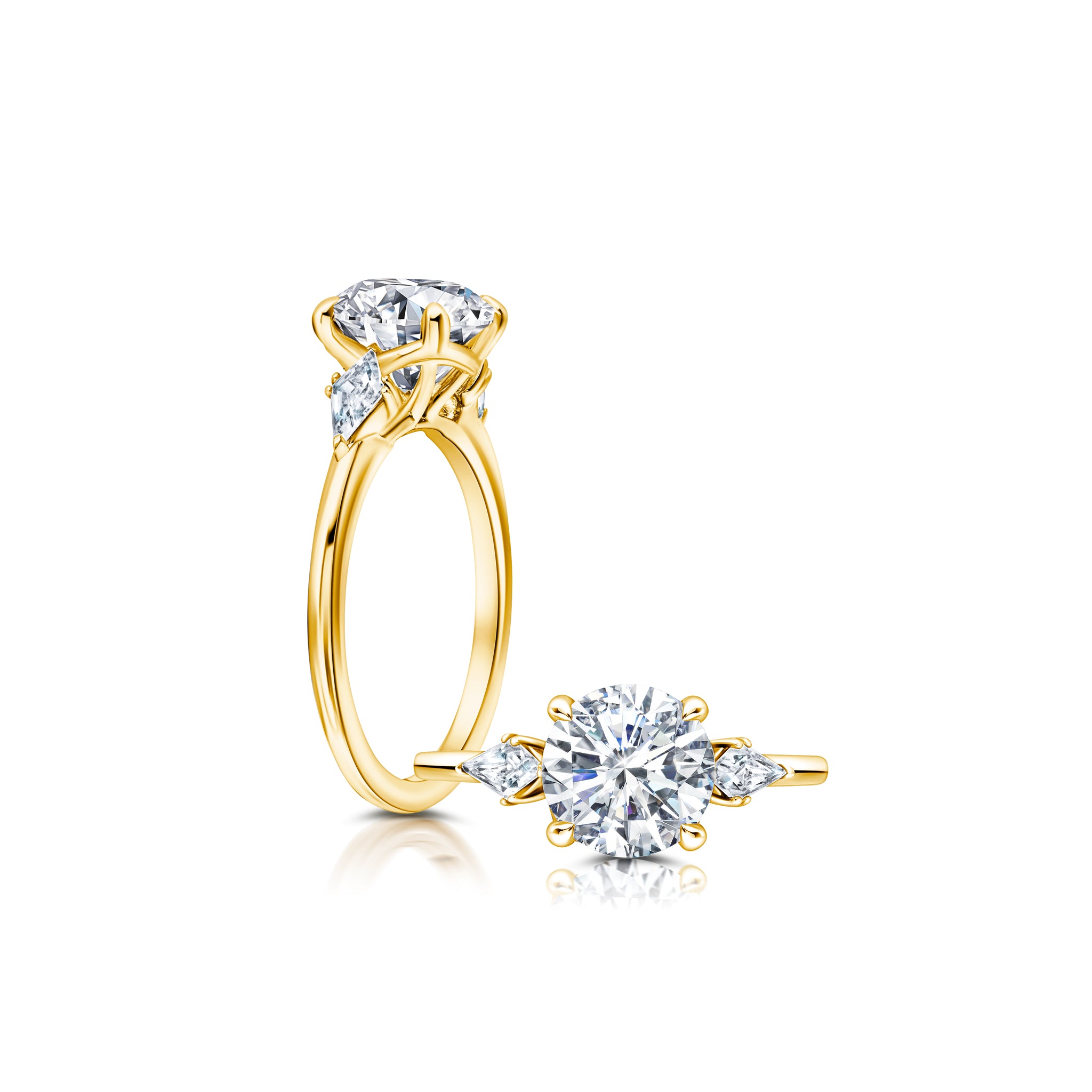 A classic twist on a three stone ring, this ring features two kite diamonds sitting on either side of your chosen center WSM613_4DiaW