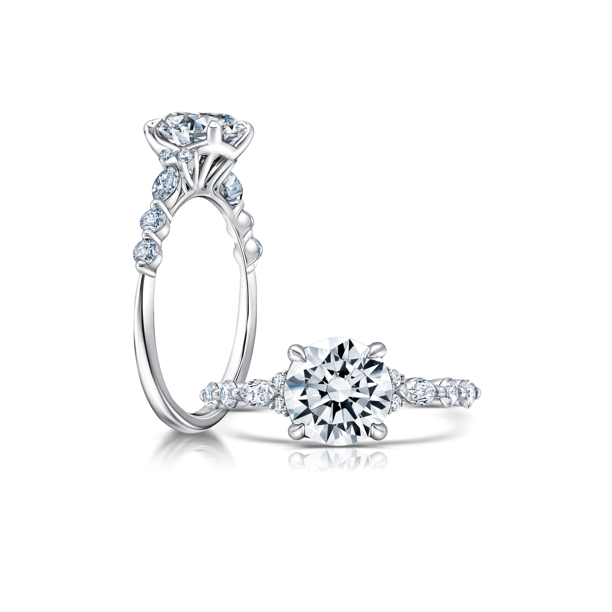 This radiant ring features a flower-shaped halo with a brilliant round center WSM674_4DiaY