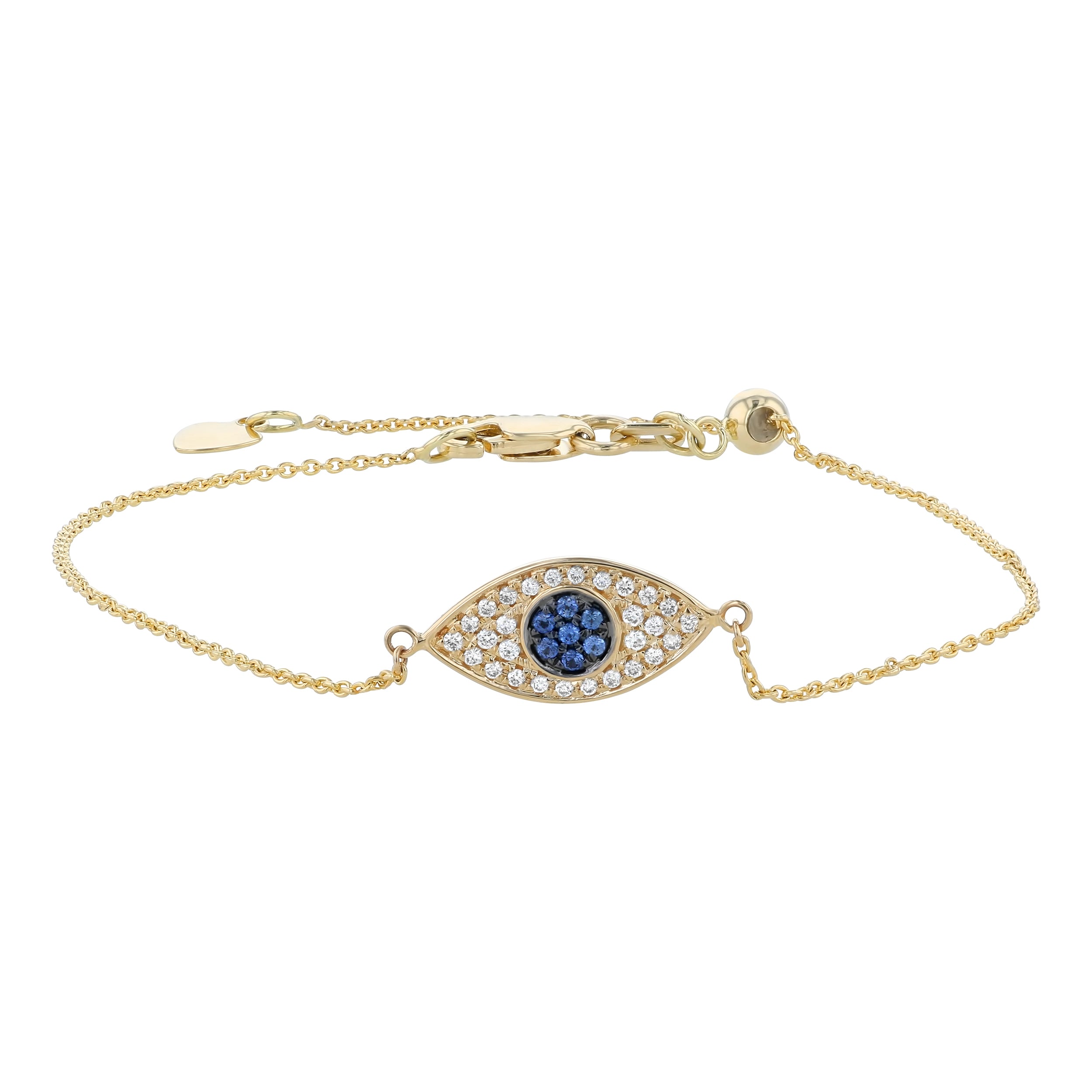 14K Yellow Gold 0.13 carat Diamonds and Blue Sapphires EVIL EYE Bracelet