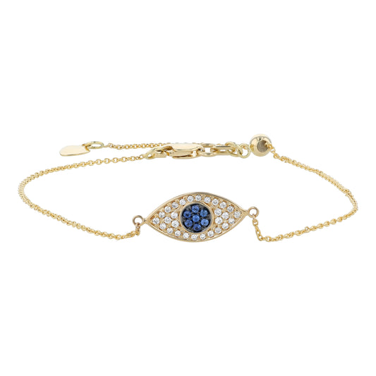 14K Yellow Gold 0.13 carat Diamonds and Blue Sapphires EVIL EYE Bracelet
