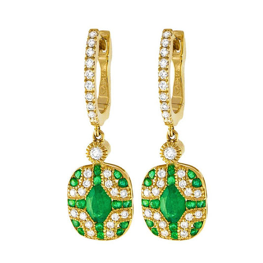 14K Yellow Gold 1.70 carats Diamonds and Green Emeralds Art Deco Earrings