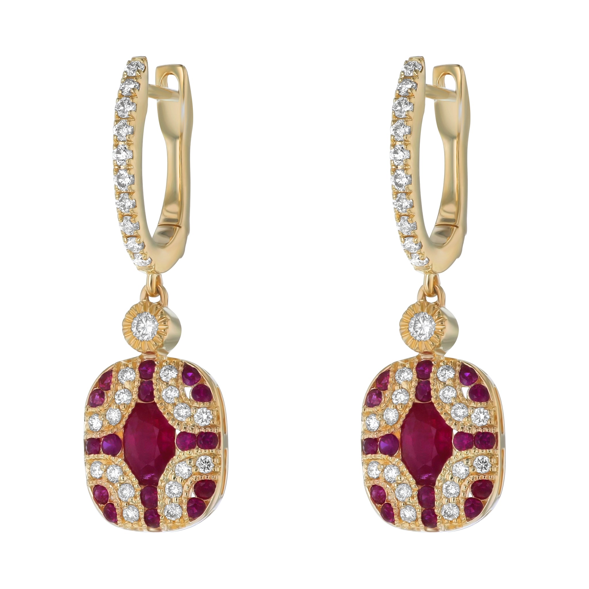 14K Yellow Gold 2.25 carats Diamonds and Red Rubies Art Deco Earrings