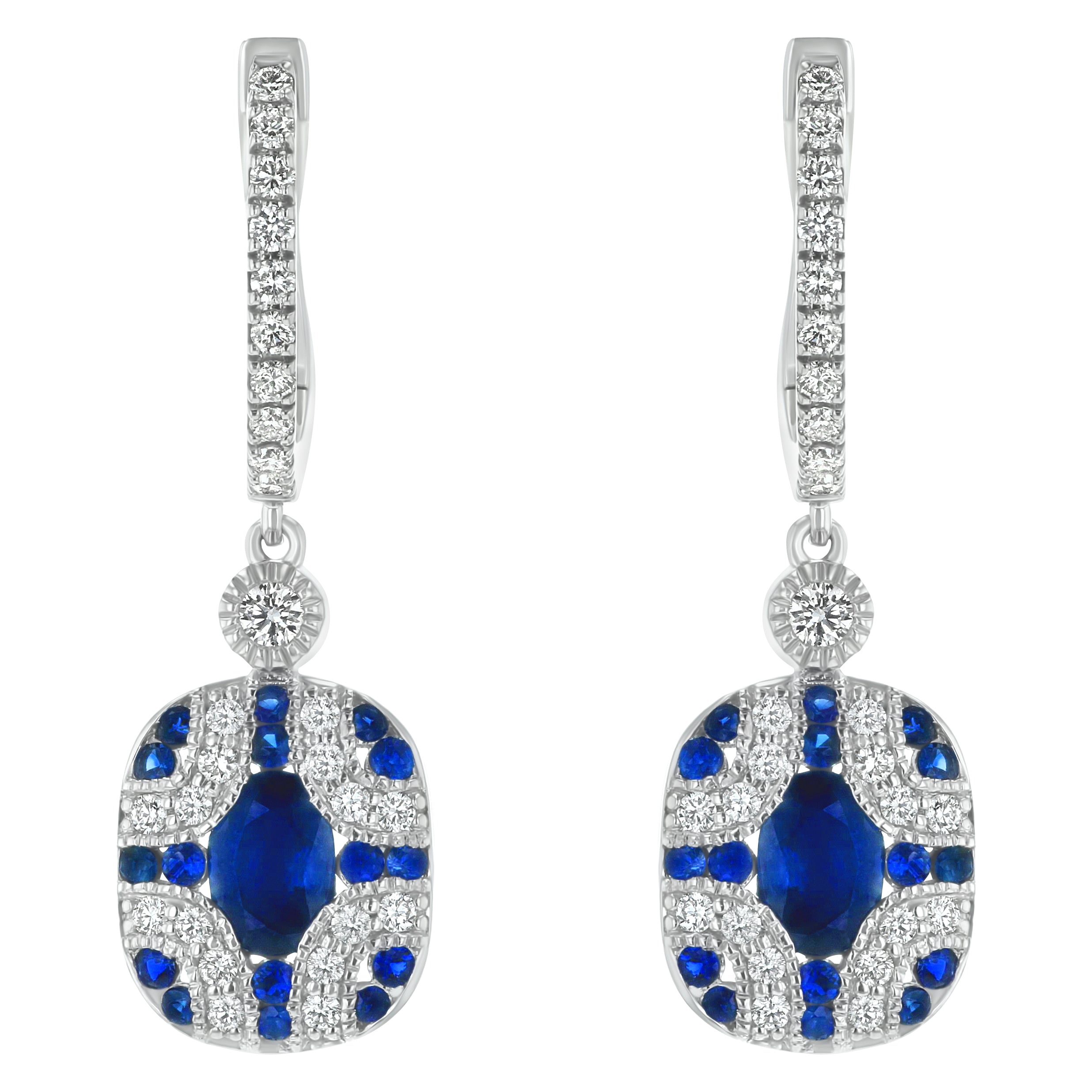 14K White Gold 2.30 carats Diamonds and Blue Sapphires Art Deco Earrings
