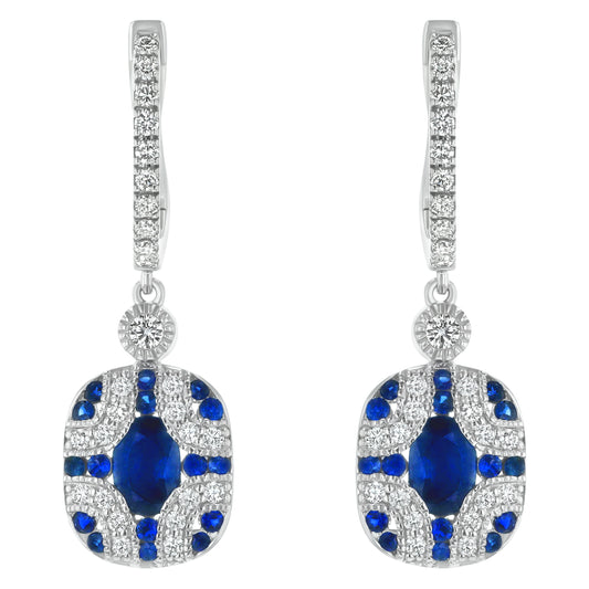 14K White Gold 2.30 carats Diamonds and Blue Sapphires Art Deco Earrings
