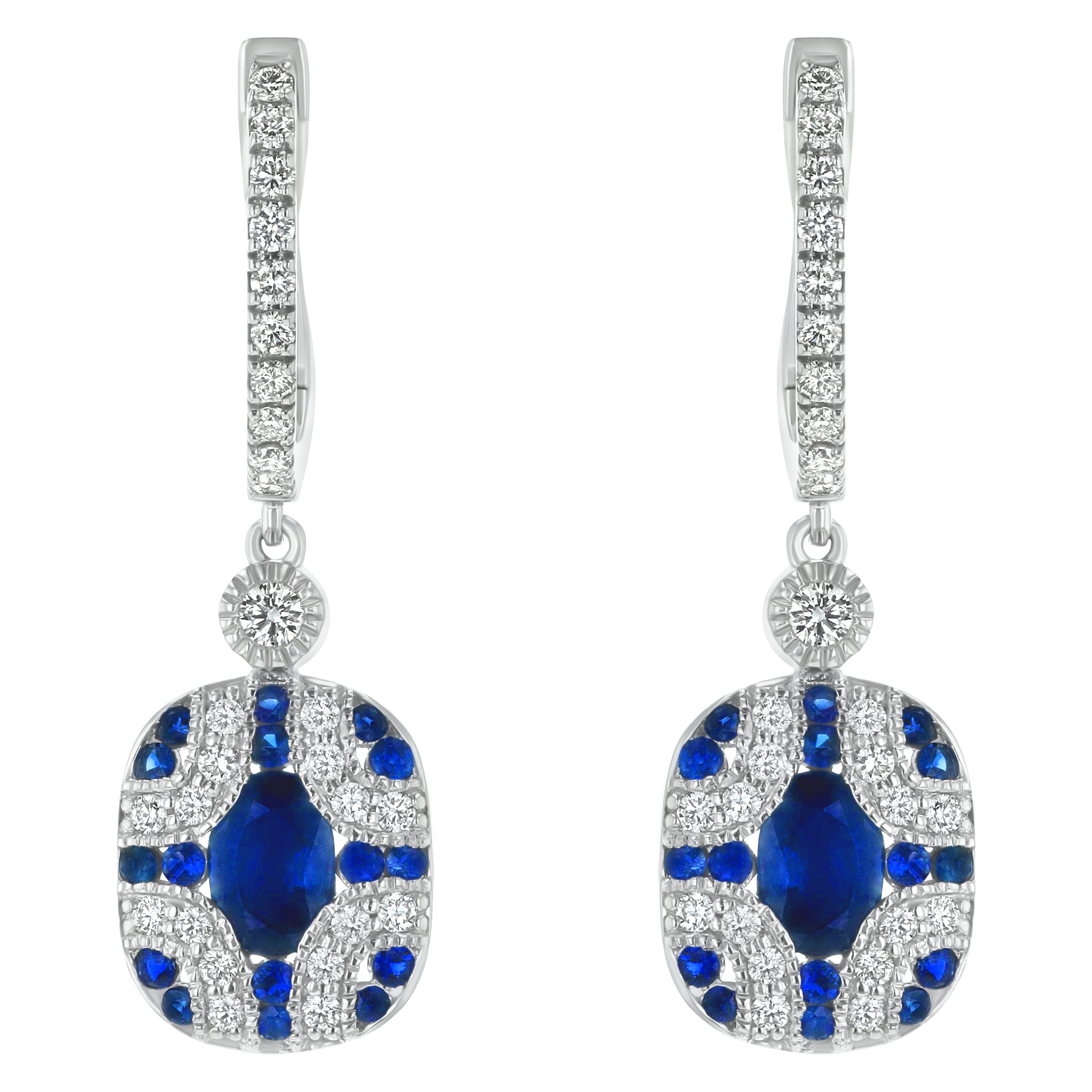 14K White Gold 2.30 carats Diamonds and Blue Sapphires Art Deco Earrings