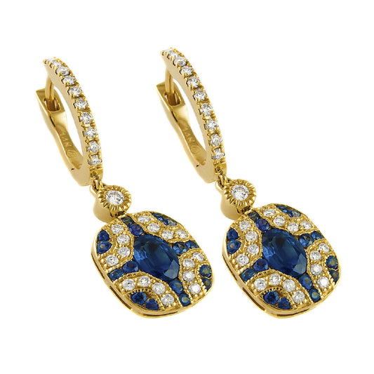 14K Yellow Gold 2.30 carats Diamonds and Blue Sapphires Art Deco Earrings