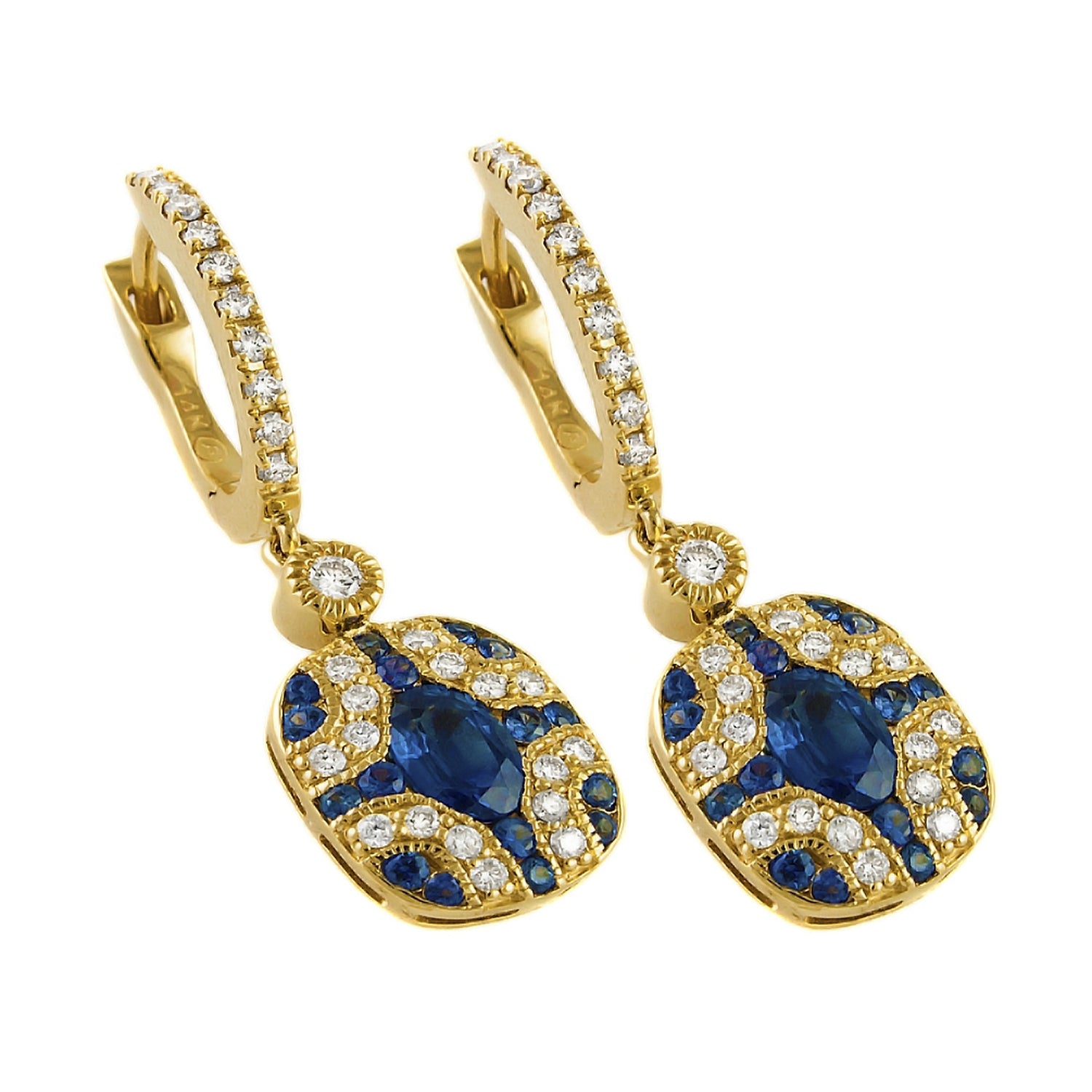 14K Yellow Gold 2.30 carats Diamonds and Blue Sapphires Art Deco Earrings