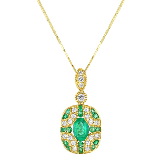 14K Yellow Gold 0.85 carat Diamonds and Green Emeralds Art Deco Necklace