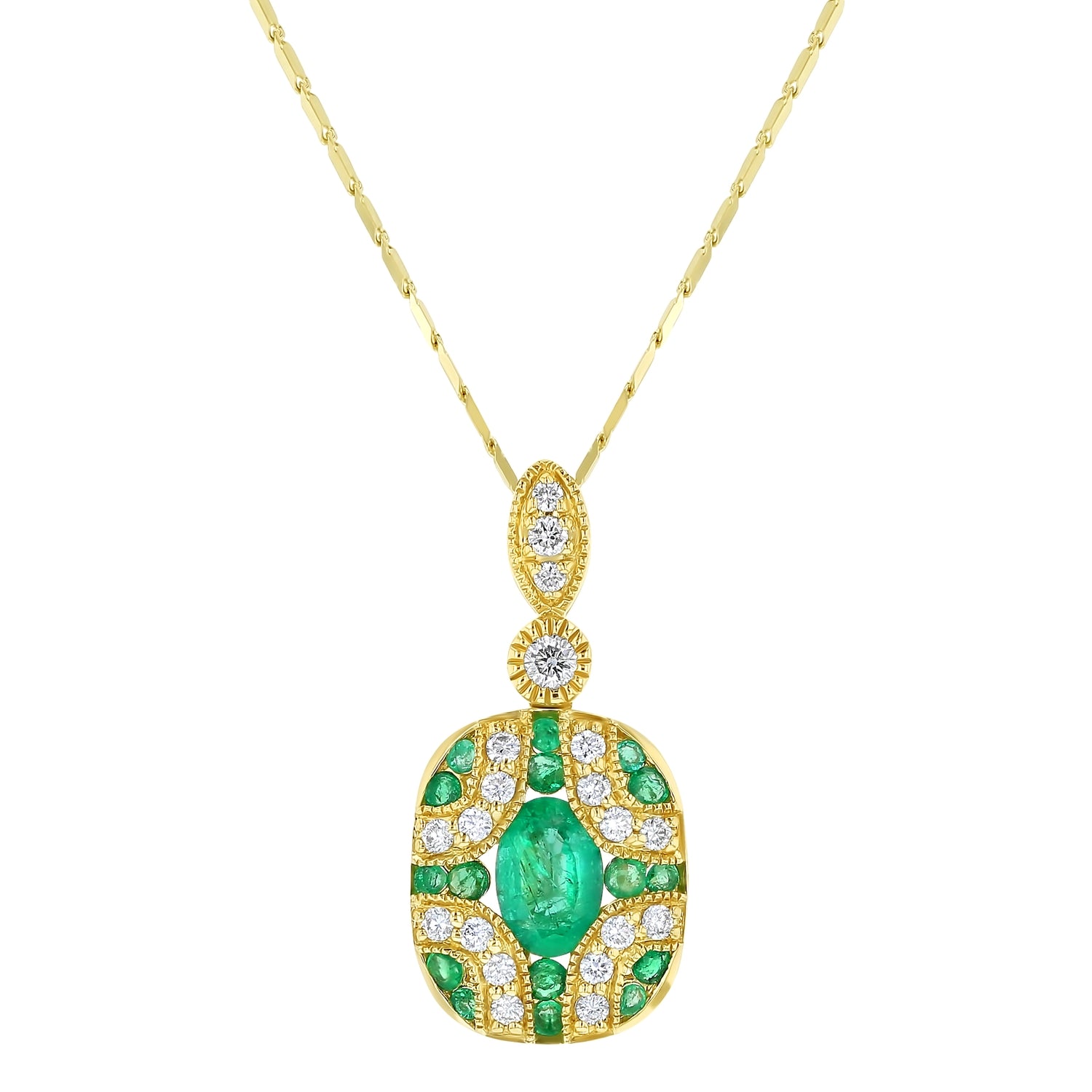 14K Yellow Gold 0.85 carat Diamonds and Green Emeralds Art Deco Necklace