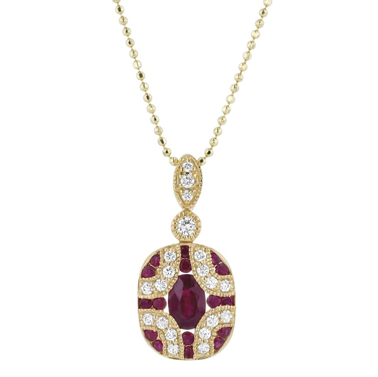 14K Yellow Gold 1.00 carat Diamonds and Red Rubies Art Deco Necklace