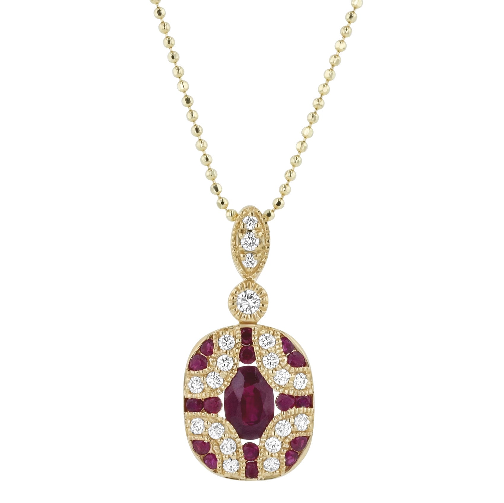 14K Yellow Gold 1.00 carat Diamonds and Red Rubies Art Deco Necklace